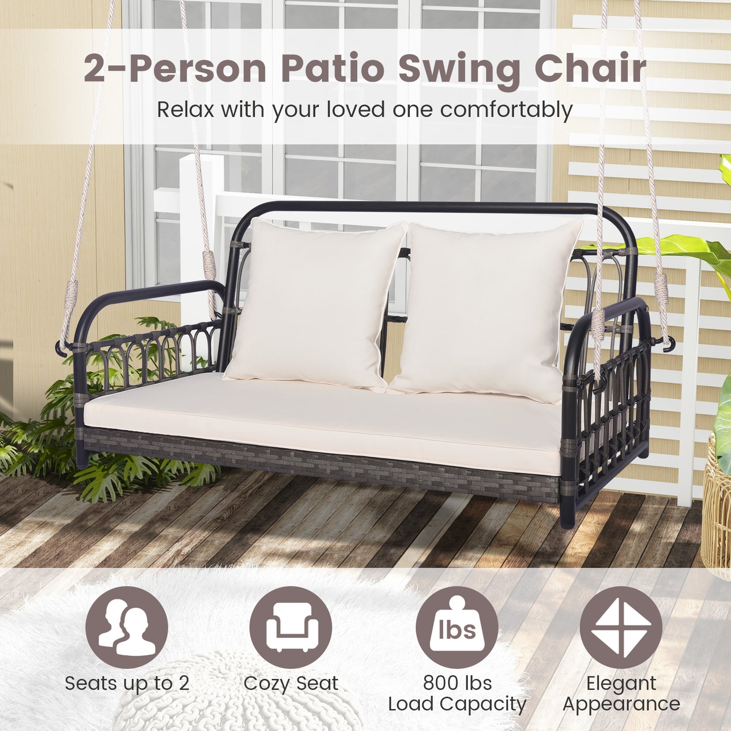 2-Person Outdoor Hanging Chair with Cushions and Ropes