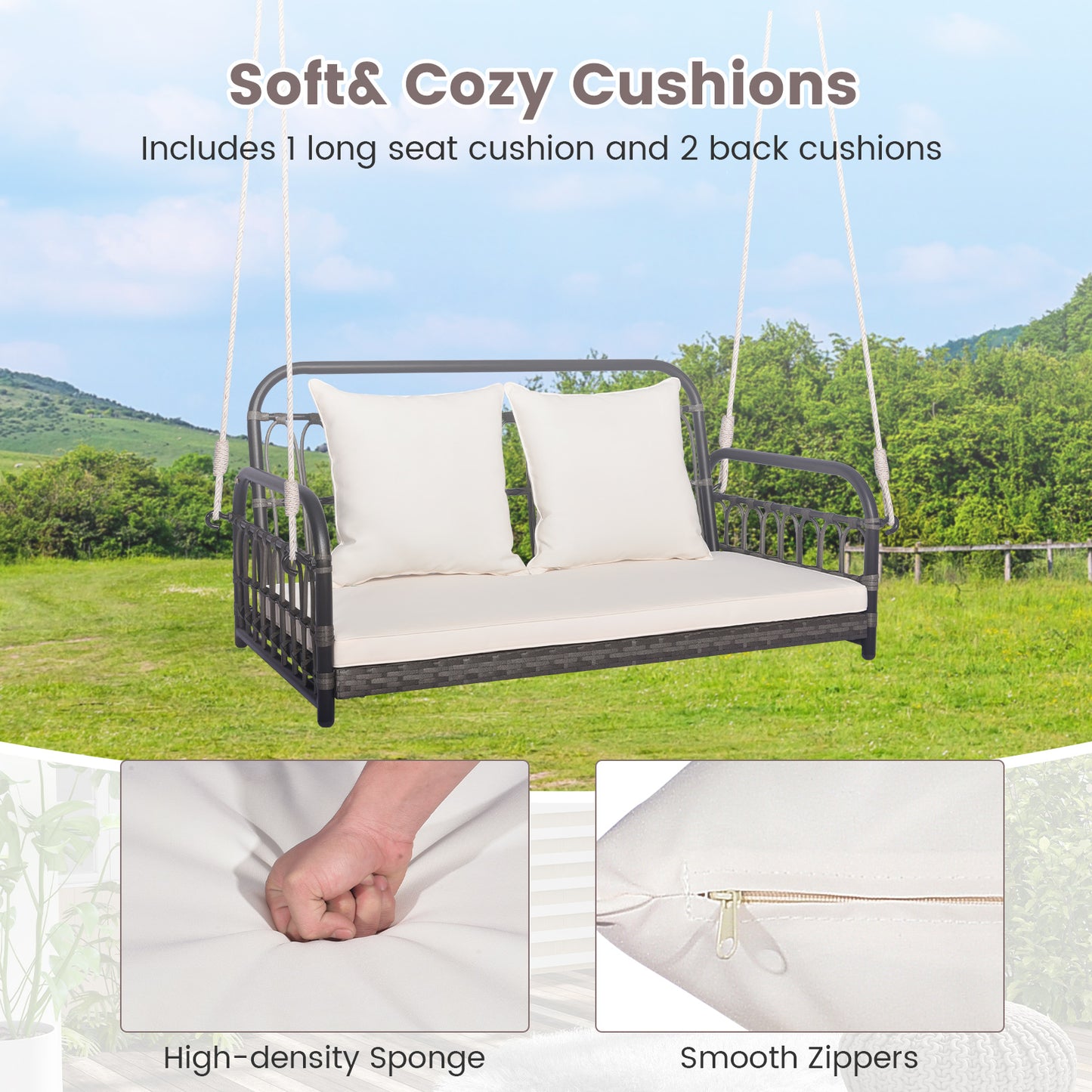 2-Person Outdoor Hanging Chair with Cushions and Ropes