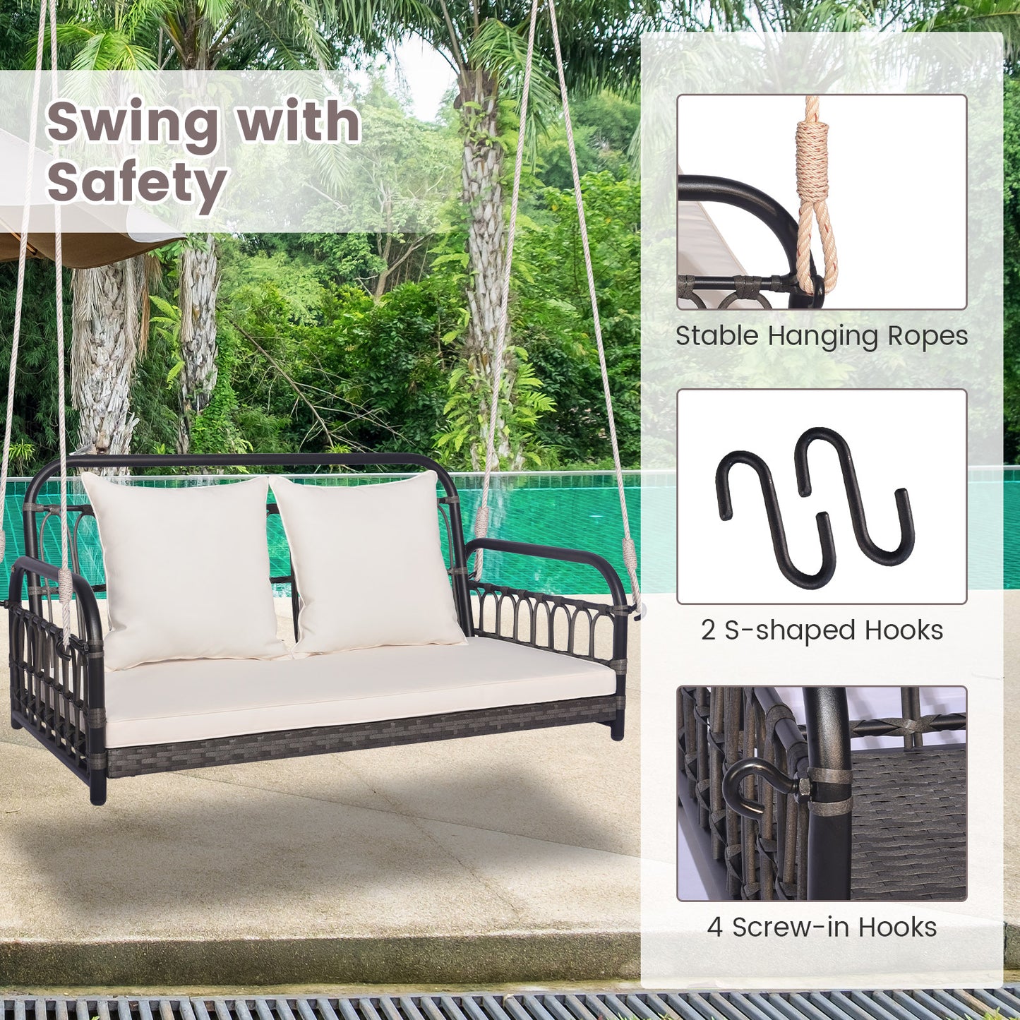 2-Person Outdoor Hanging Chair with Cushions and Ropes