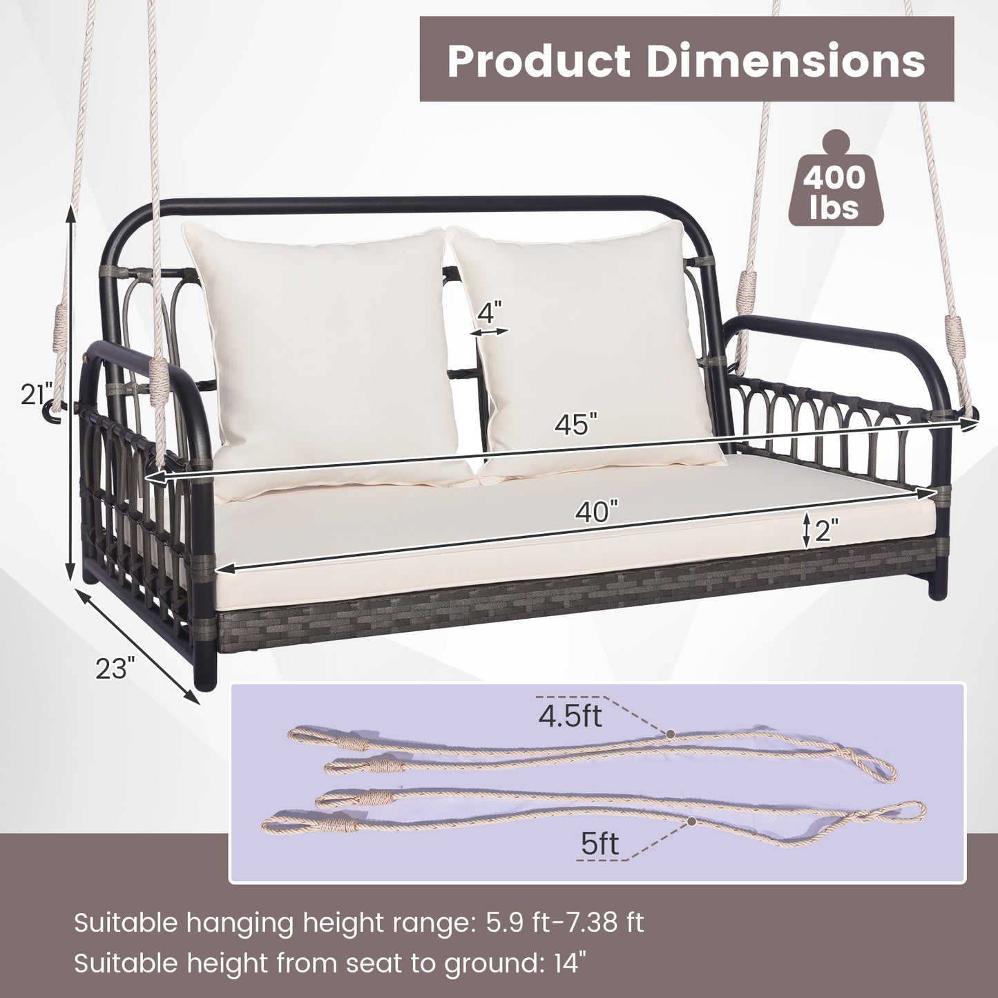 2-Person Outdoor Hanging Chair with Cushions and Ropes