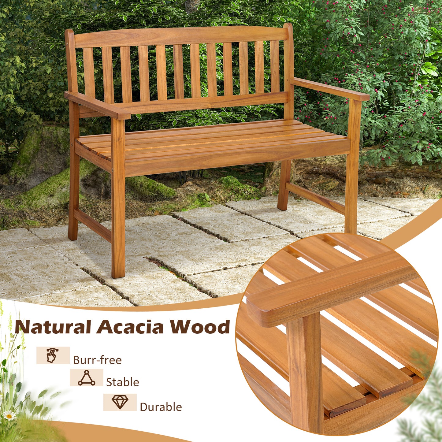Acacia Wood Outdoor Bench with Backrest – 2 Person