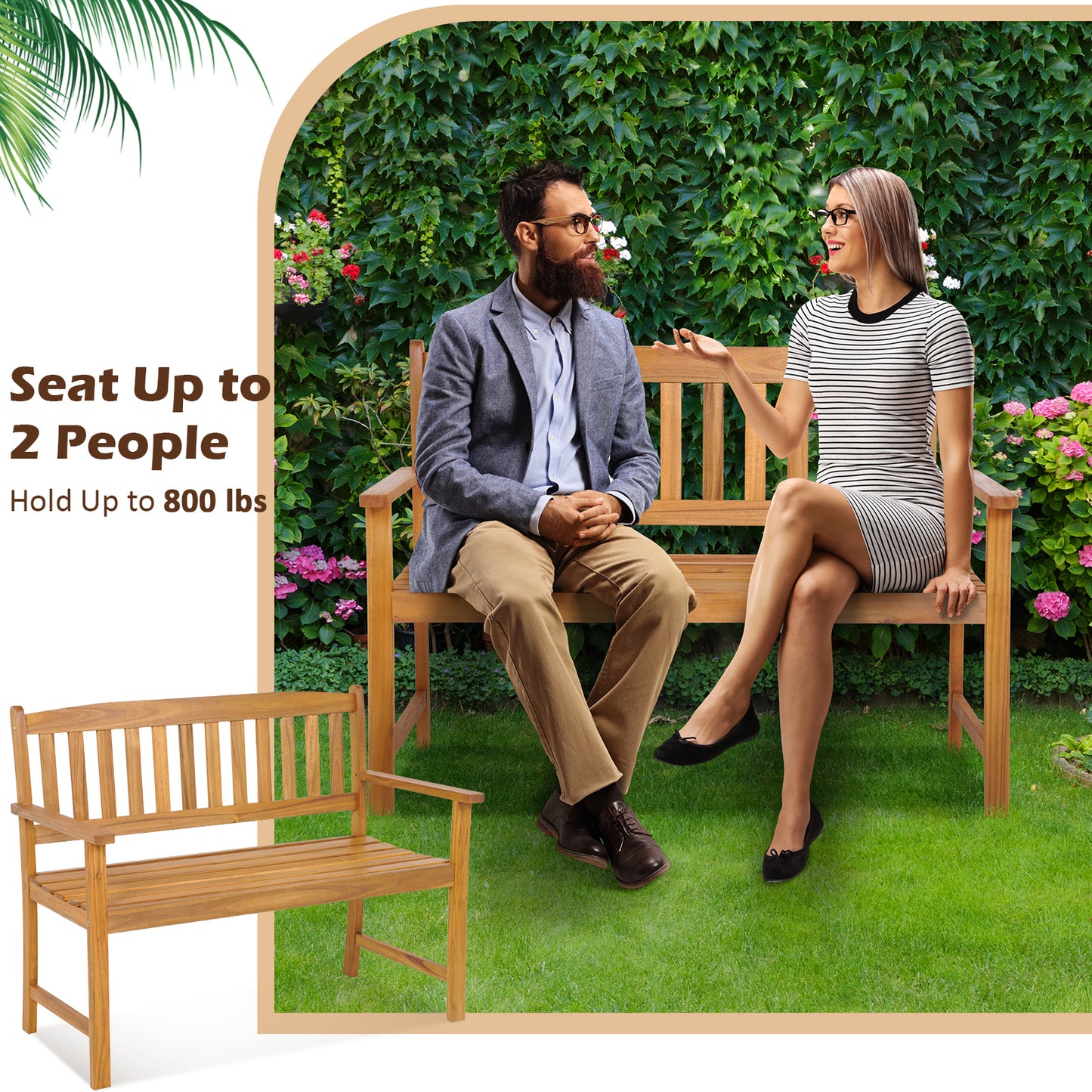 Acacia Wood Outdoor Bench with Backrest – 2 Person