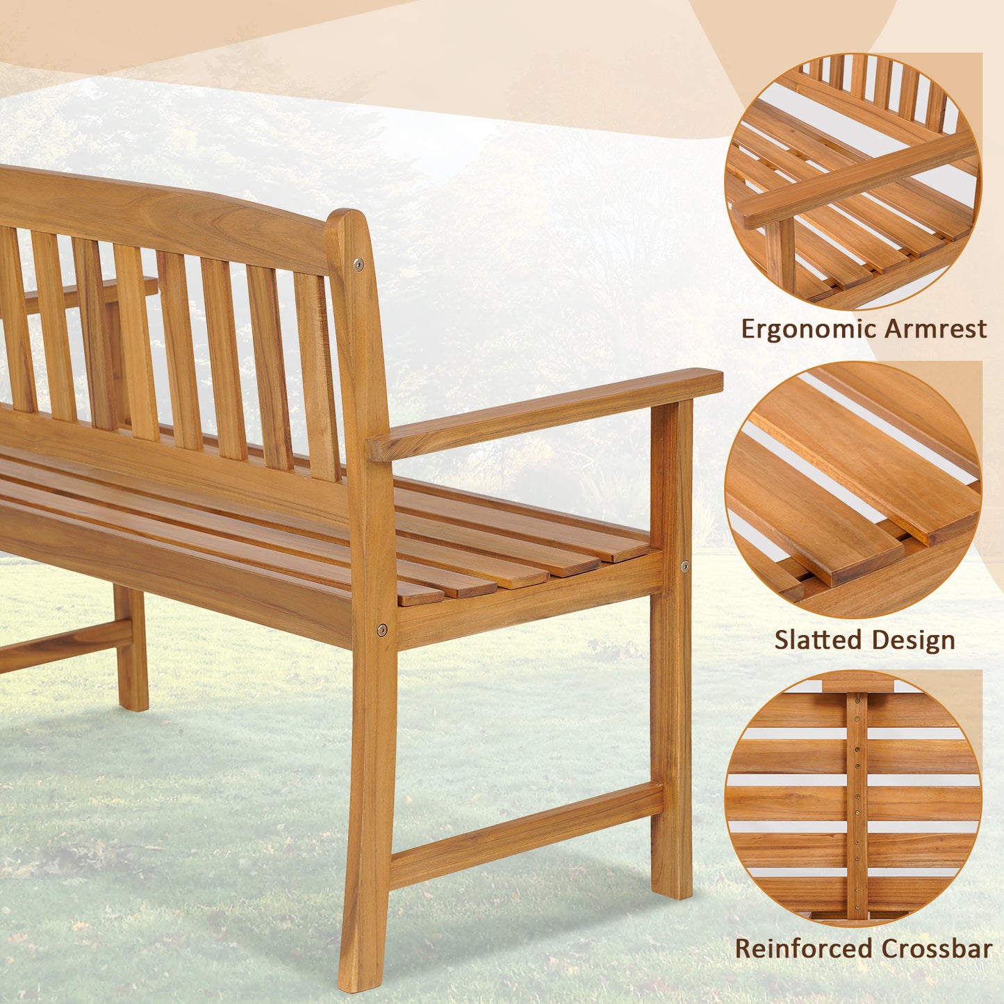 Acacia Wood Outdoor Bench with Backrest – 2 Person
