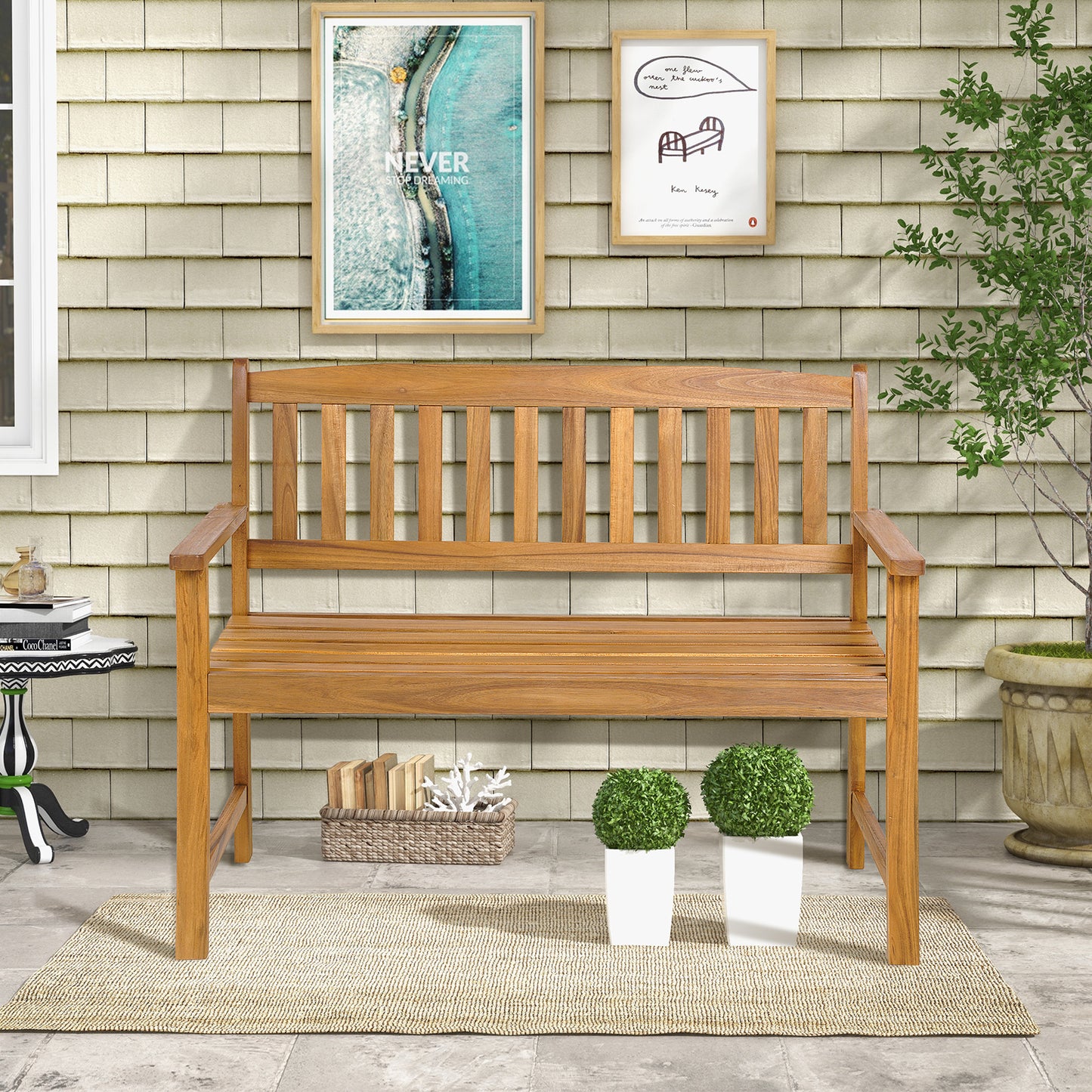 Acacia Wood Outdoor Bench with Backrest – 2 Person