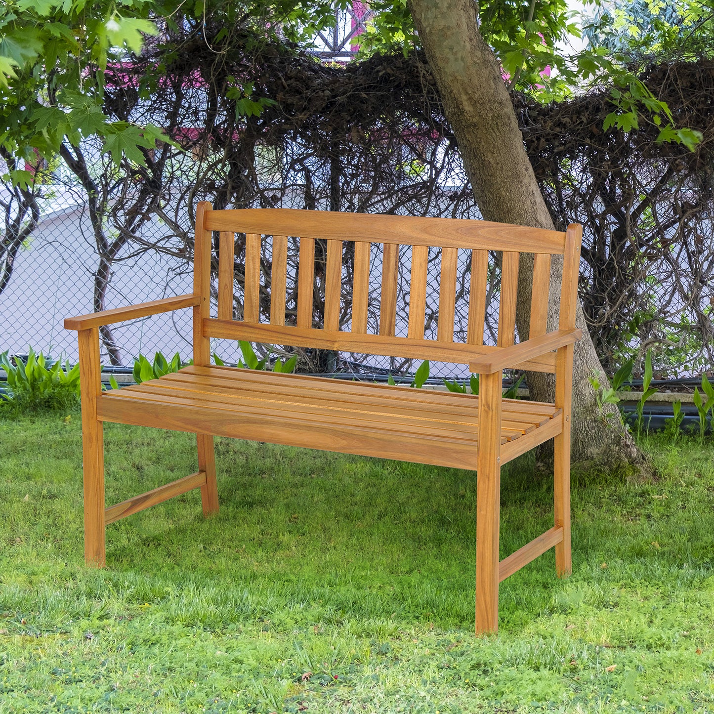 Acacia Wood Outdoor Bench with Backrest – 2 Person