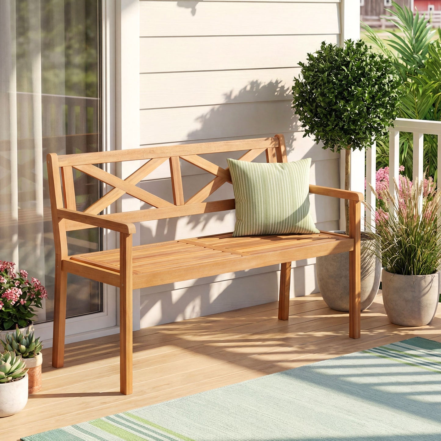 2-Person Acacia Wood Garden Bench with Armrests