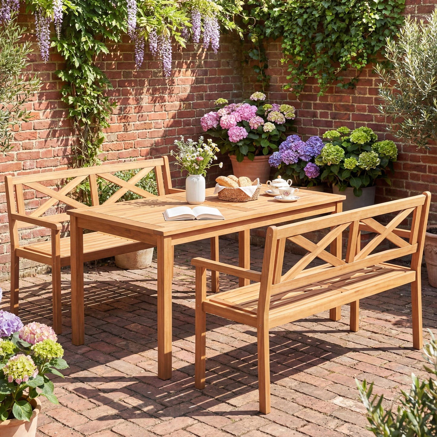 2-Person Acacia Wood Garden Bench with Armrests