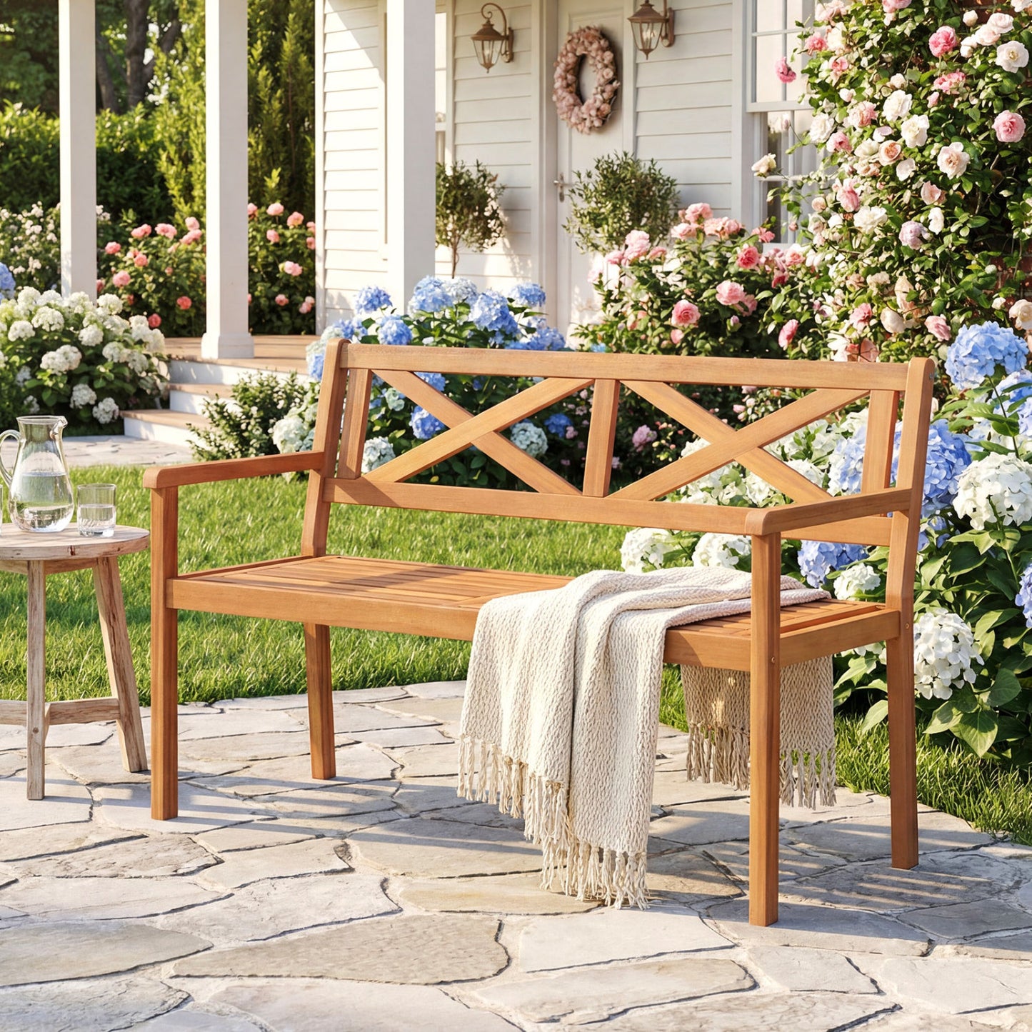 2-Person Acacia Wood Garden Bench with Armrests