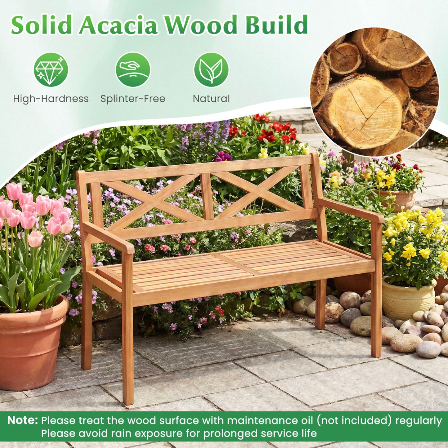 2-Person Acacia Wood Garden Bench with Armrests