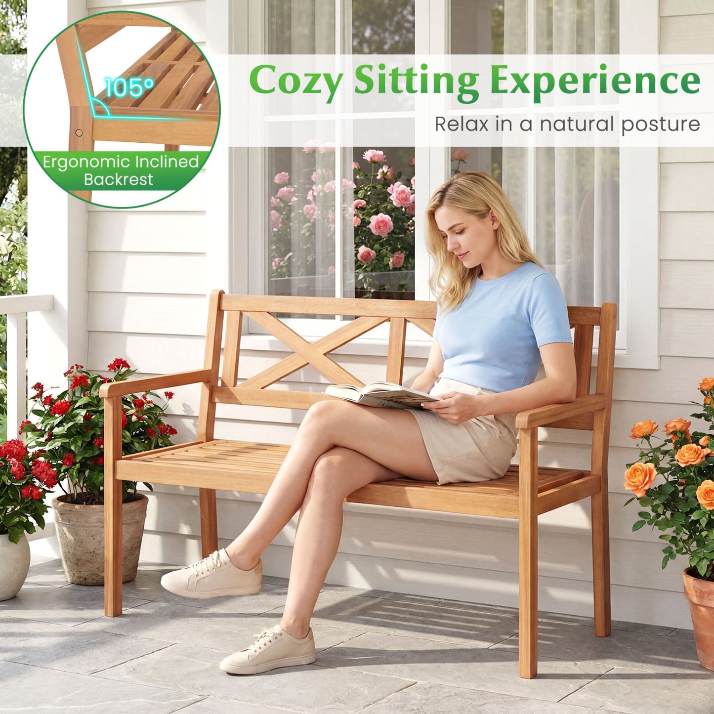 2-Person Acacia Wood Garden Bench with Armrests