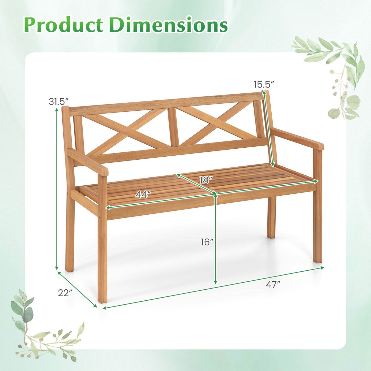 2-Person Acacia Wood Garden Bench with Armrests