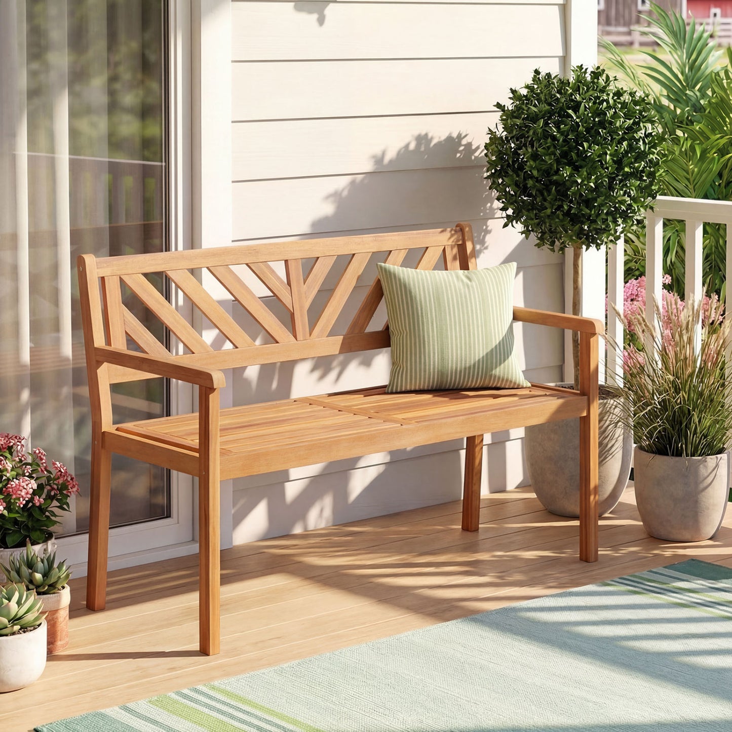 2-Person Acacia Wood Patio Bench with Armrests