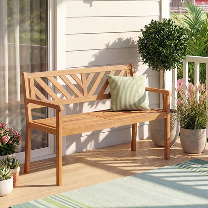 2-Person Acacia Wood Patio Bench with Armrests