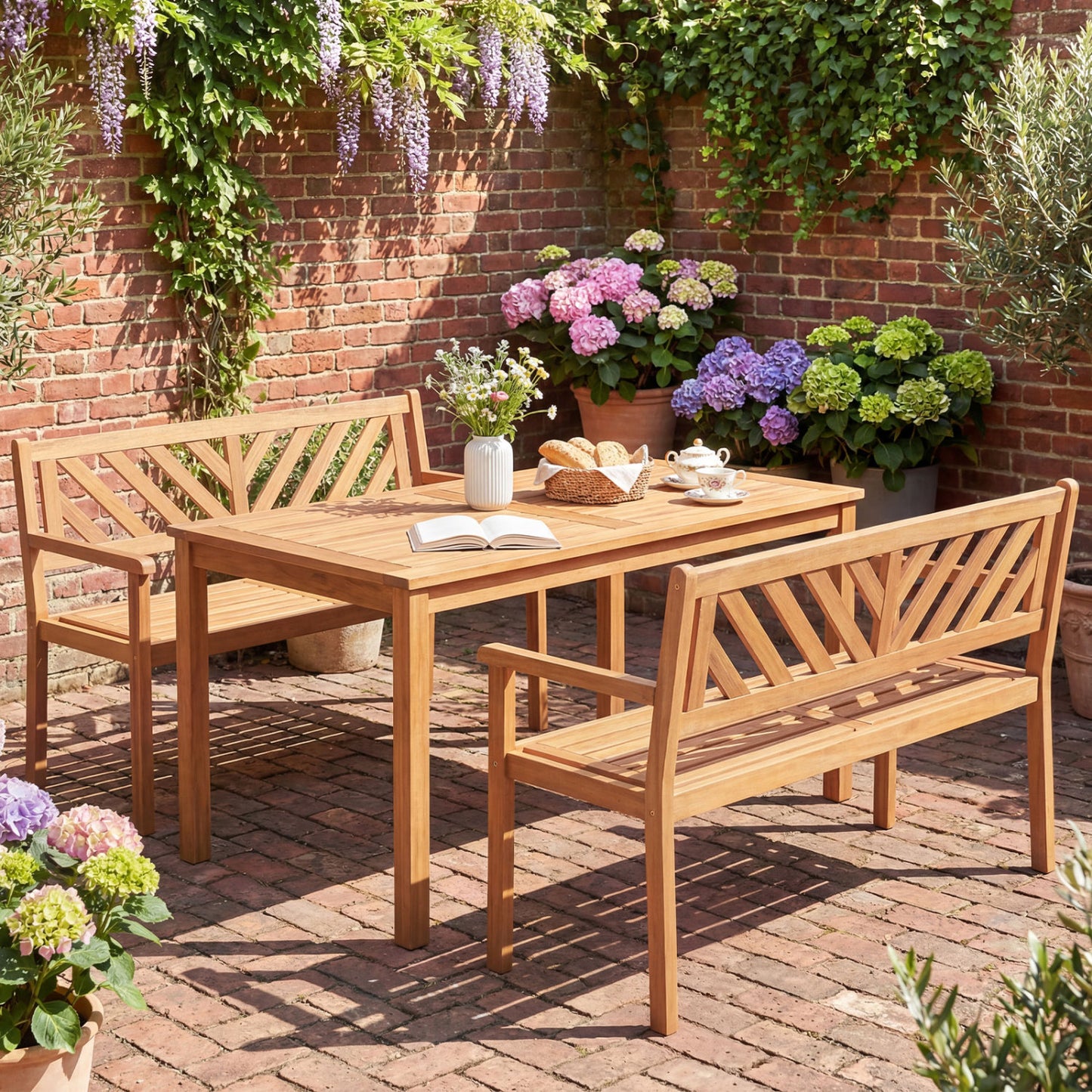 2-Person Acacia Wood Patio Bench with Armrests