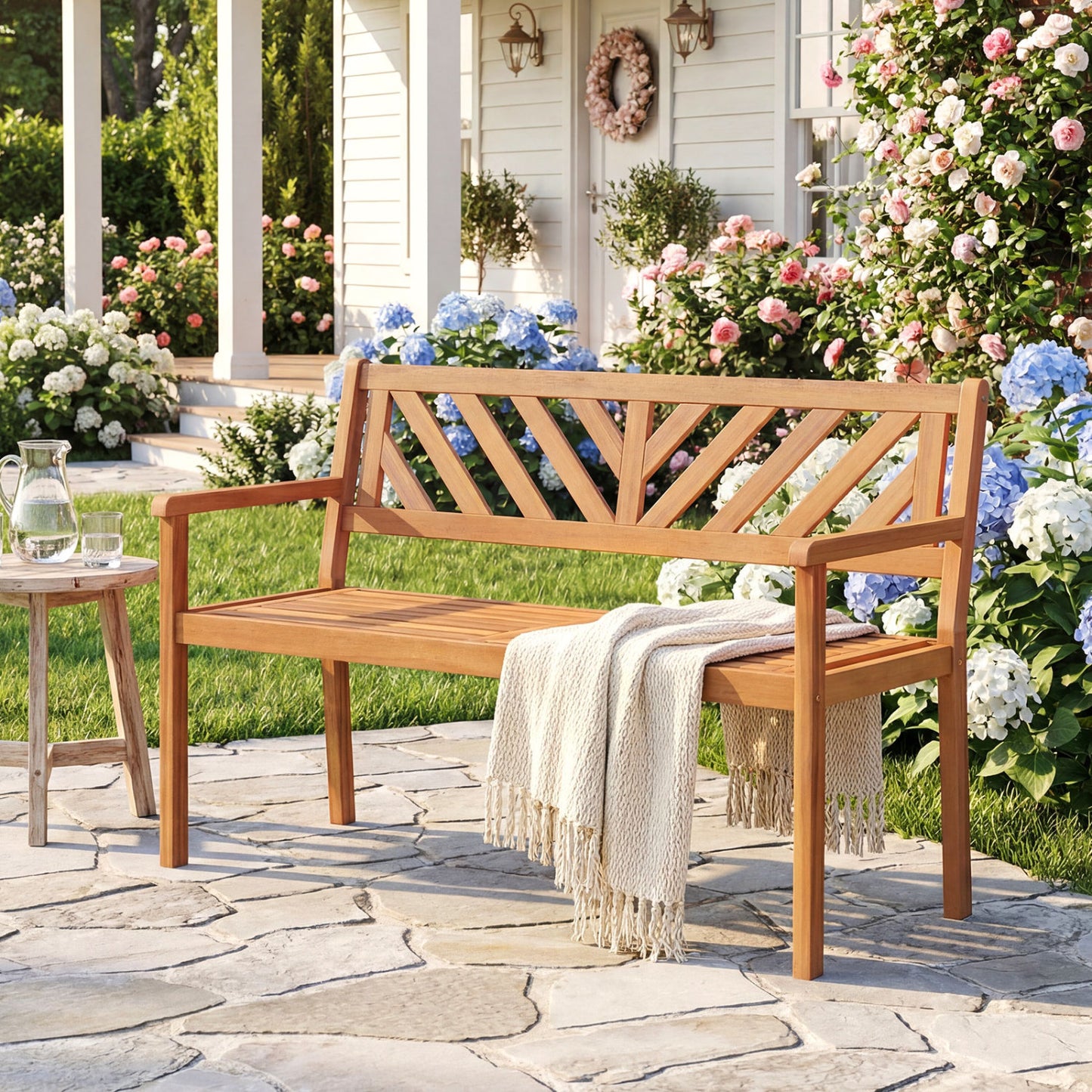 2-Person Acacia Wood Patio Bench with Armrests