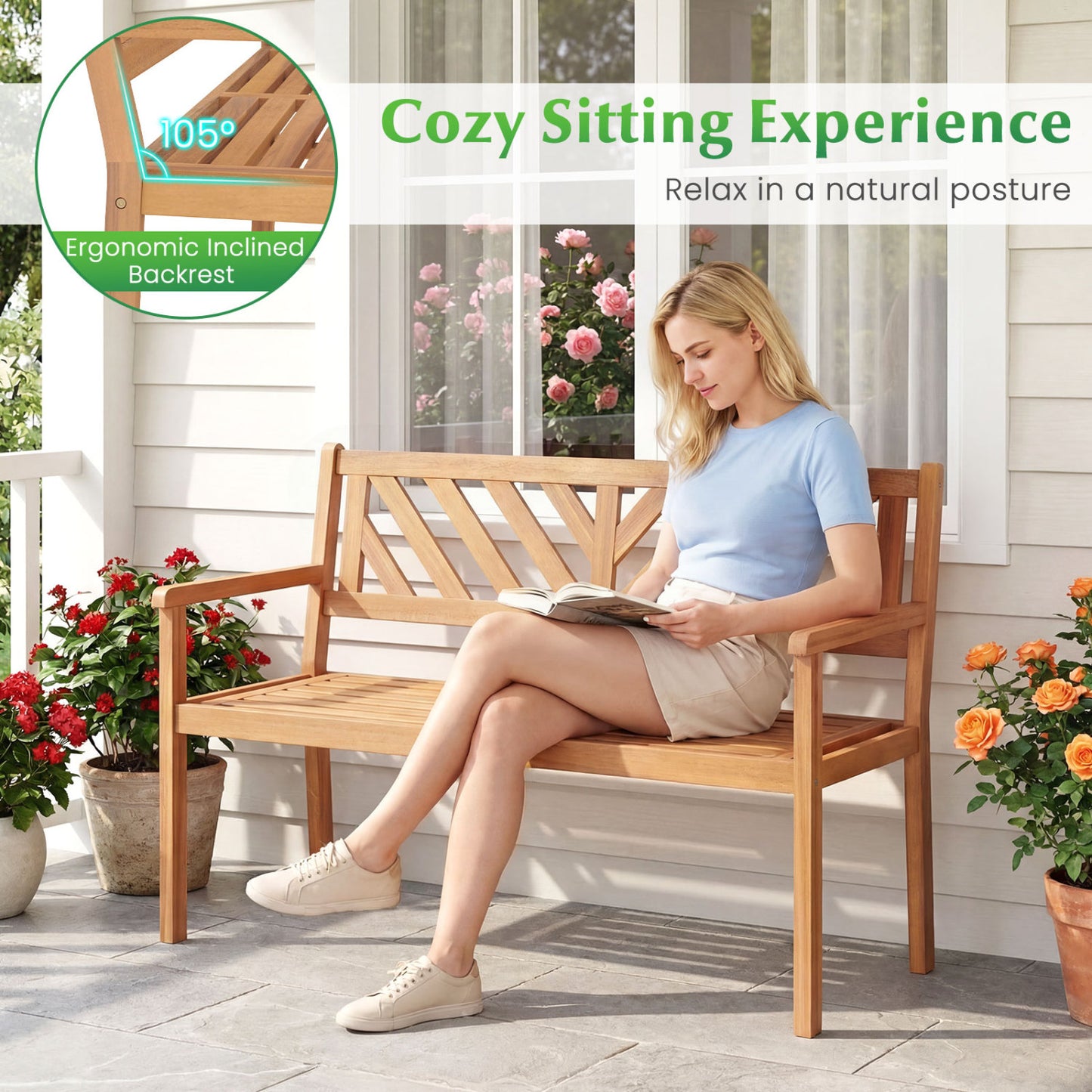 2-Person Acacia Wood Patio Bench with Armrests