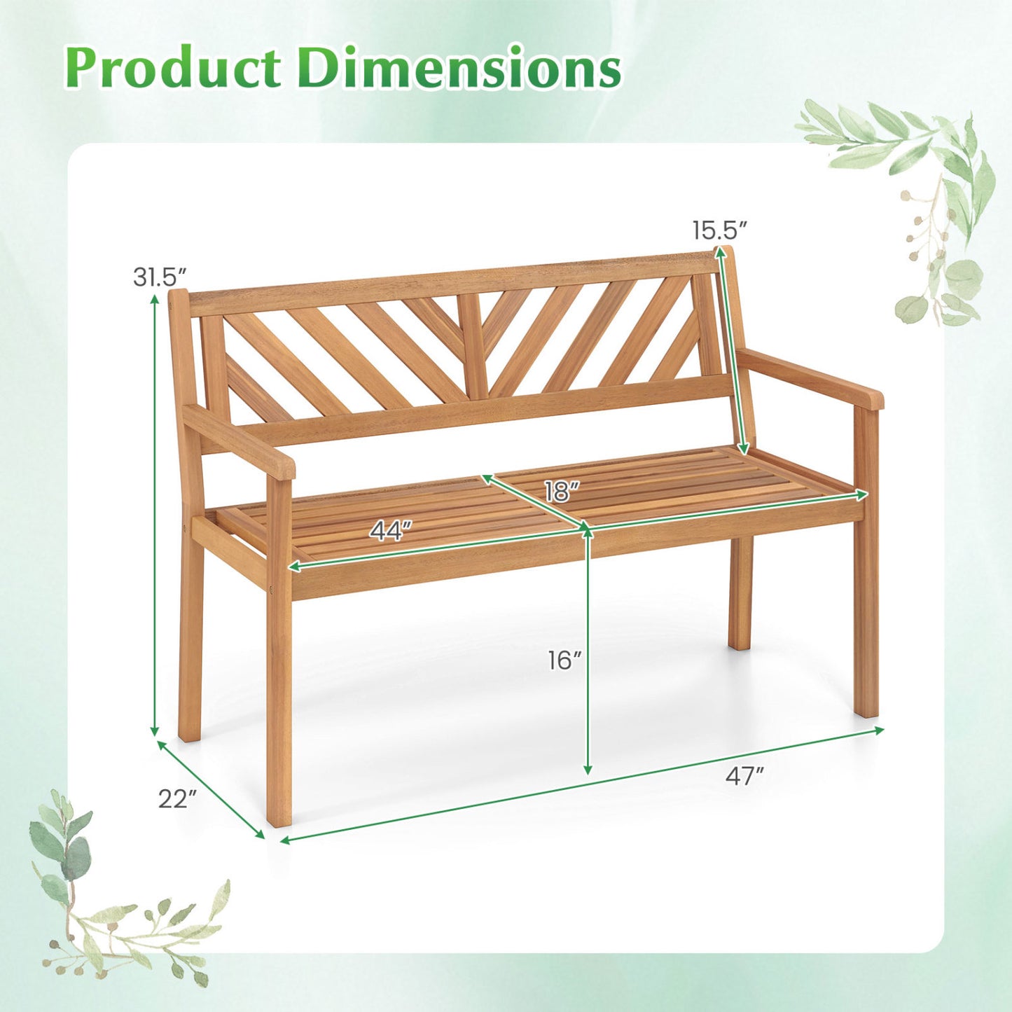 2-Person Acacia Wood Patio Bench with Armrests