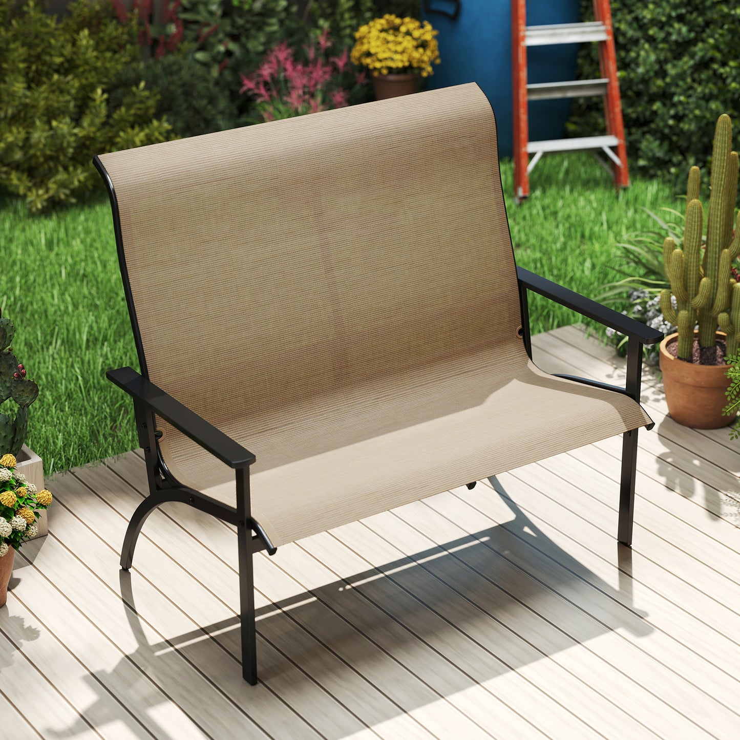 2-Person Patio Bench with High Back and Armrests
