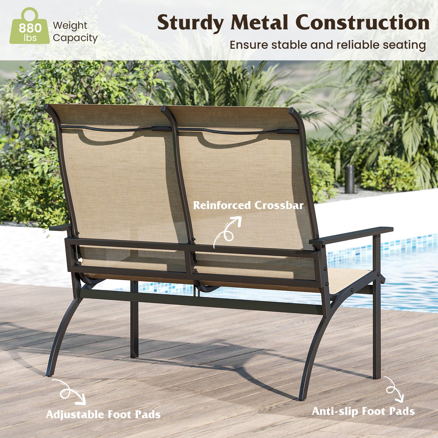 2-Person Patio Bench with High Back and Armrests