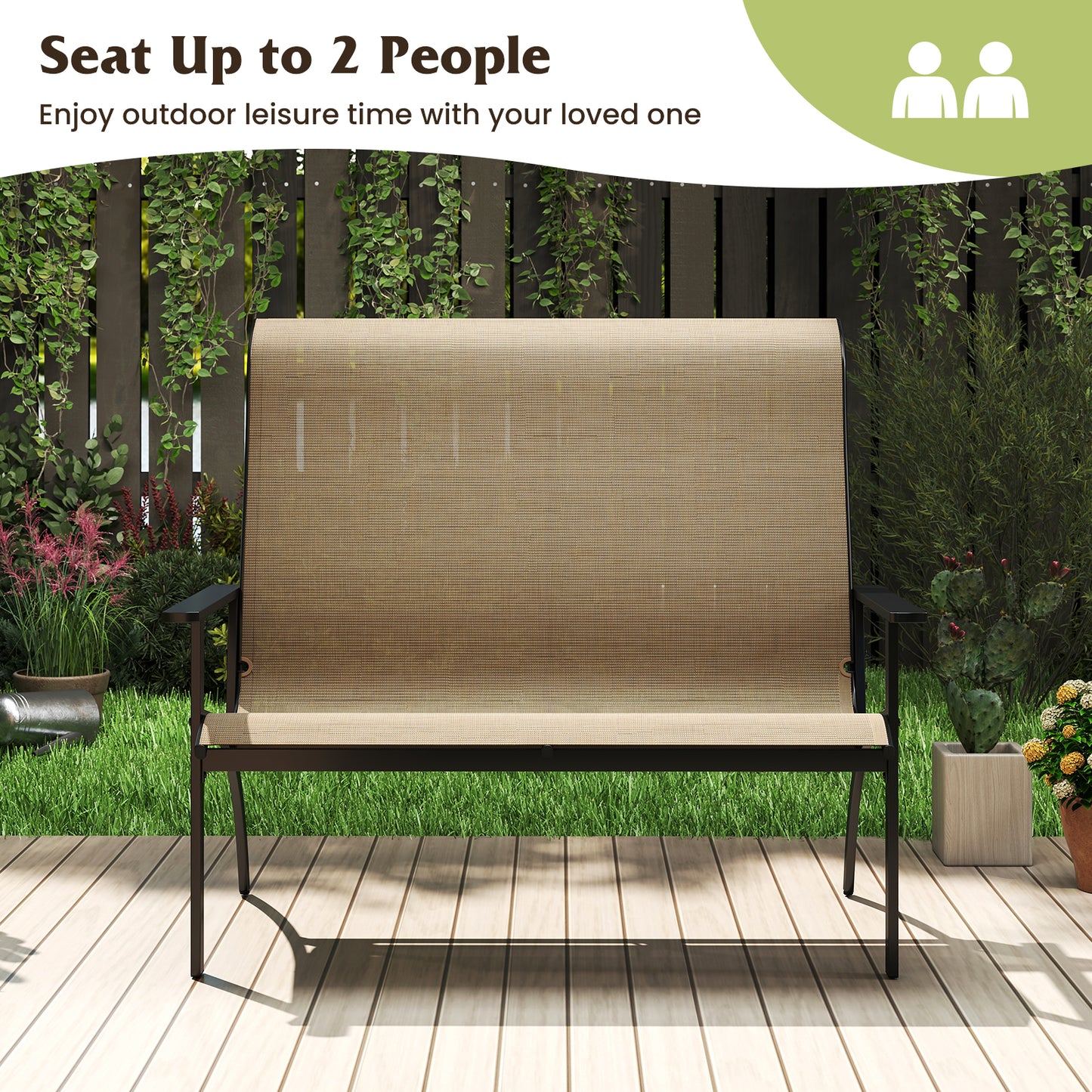 2-Person Patio Bench with High Back and Armrests