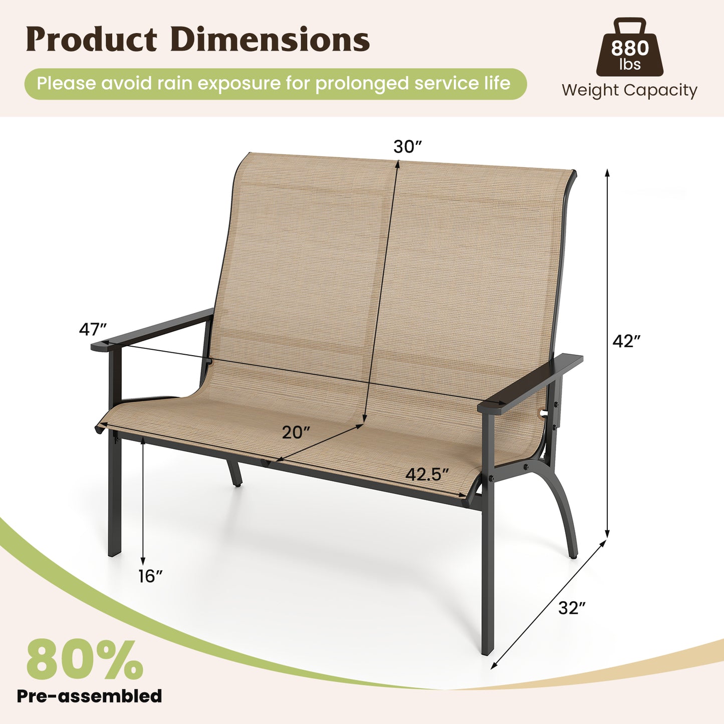 2-Person Patio Bench with High Back and Armrests