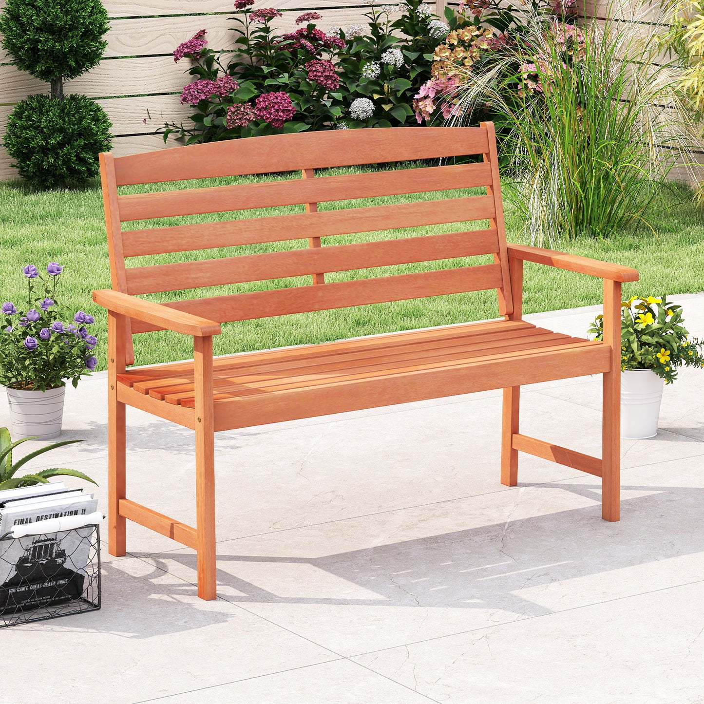 2-Person Wooden Garden Bench with Slatted Backrest