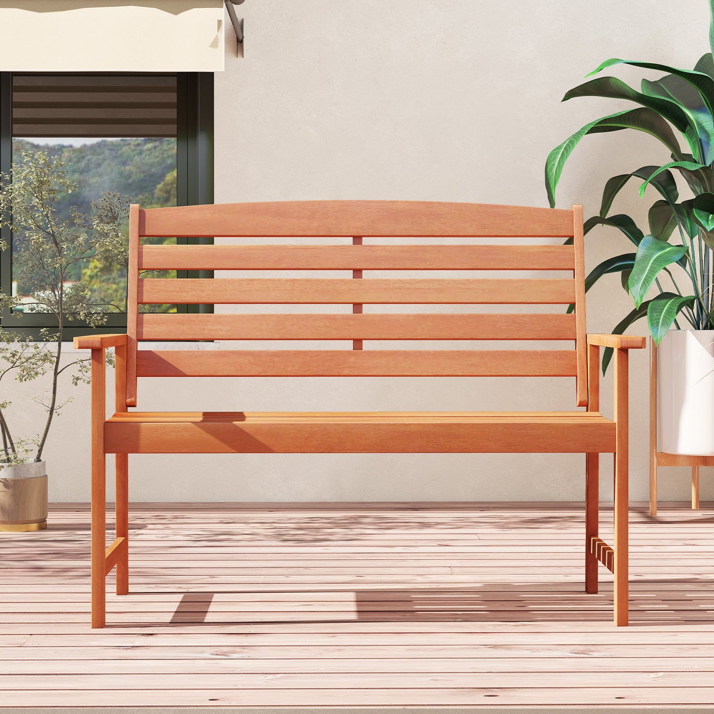 2-Person Wooden Garden Bench with Slatted Backrest