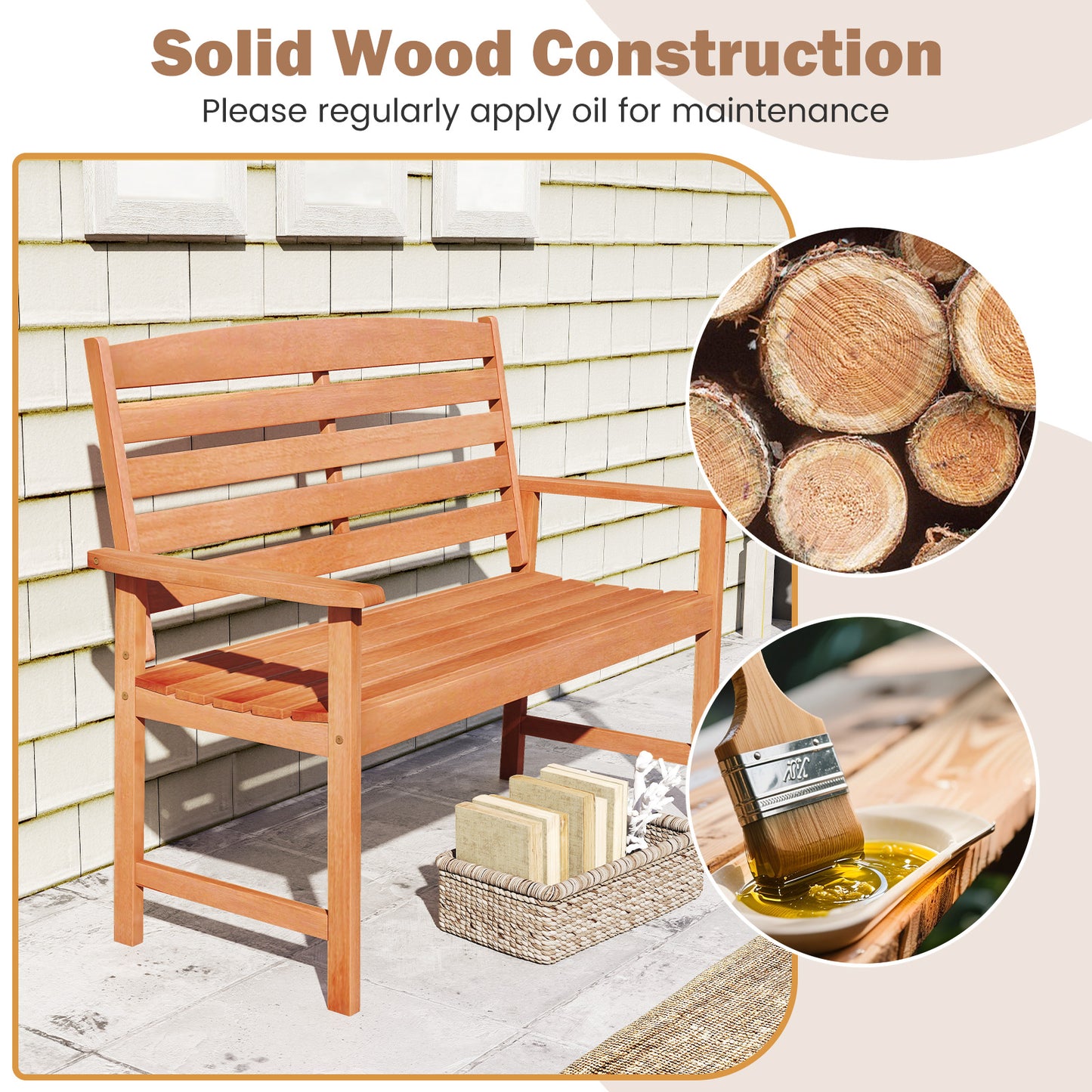 2-Person Wooden Garden Bench with Slatted Backrest