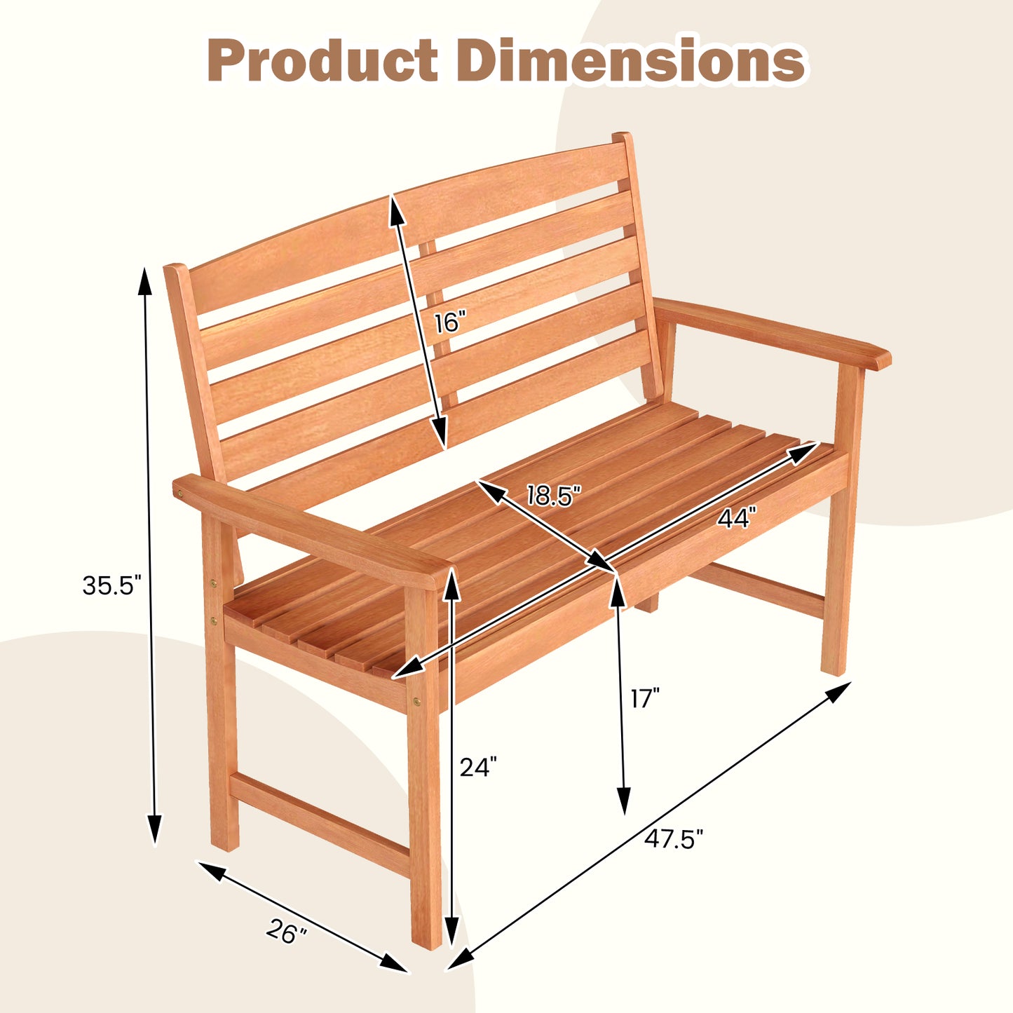 2-Person Wooden Garden Bench with Slatted Backrest
