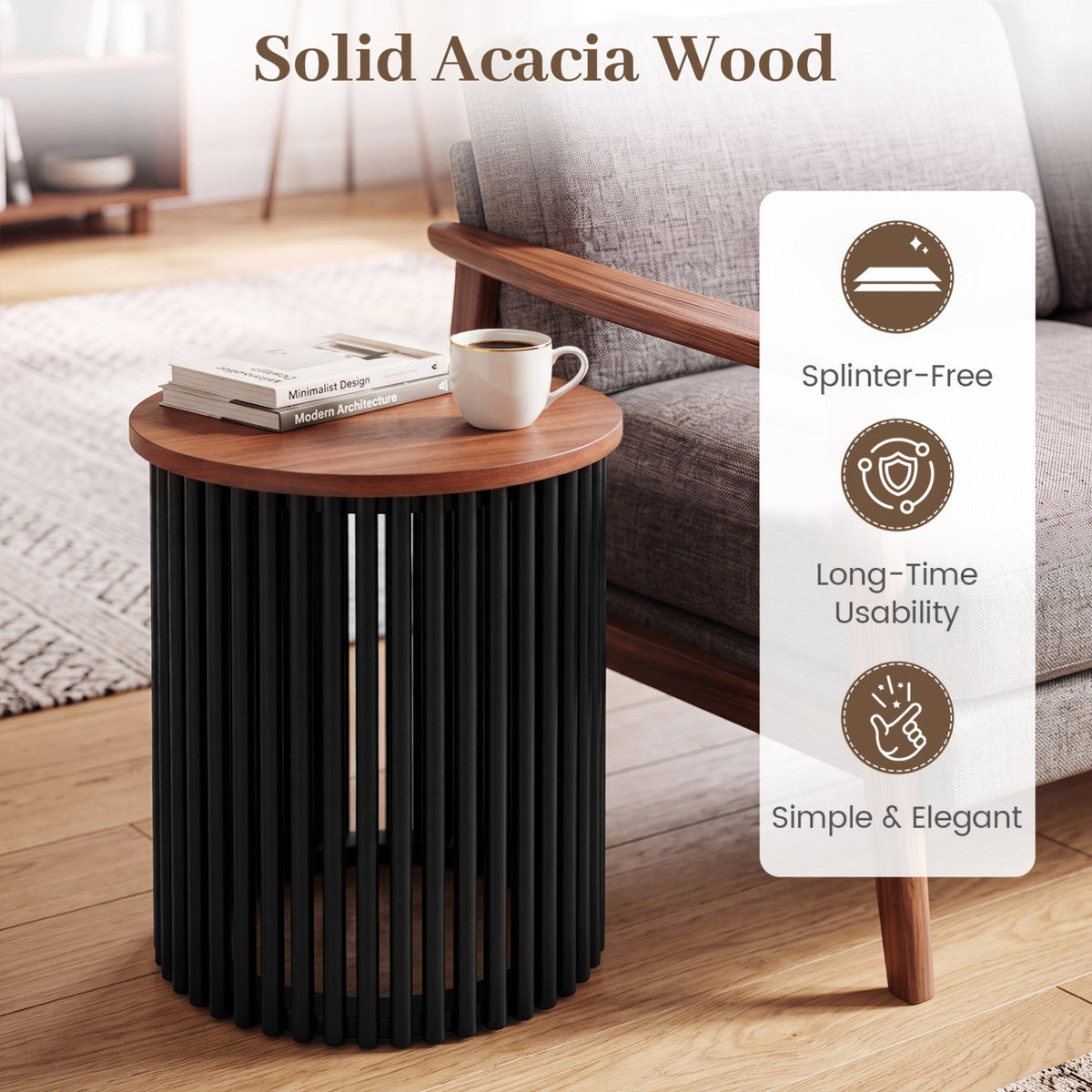 Round Acacia Wood Coffee Table Set - Walnut Finish