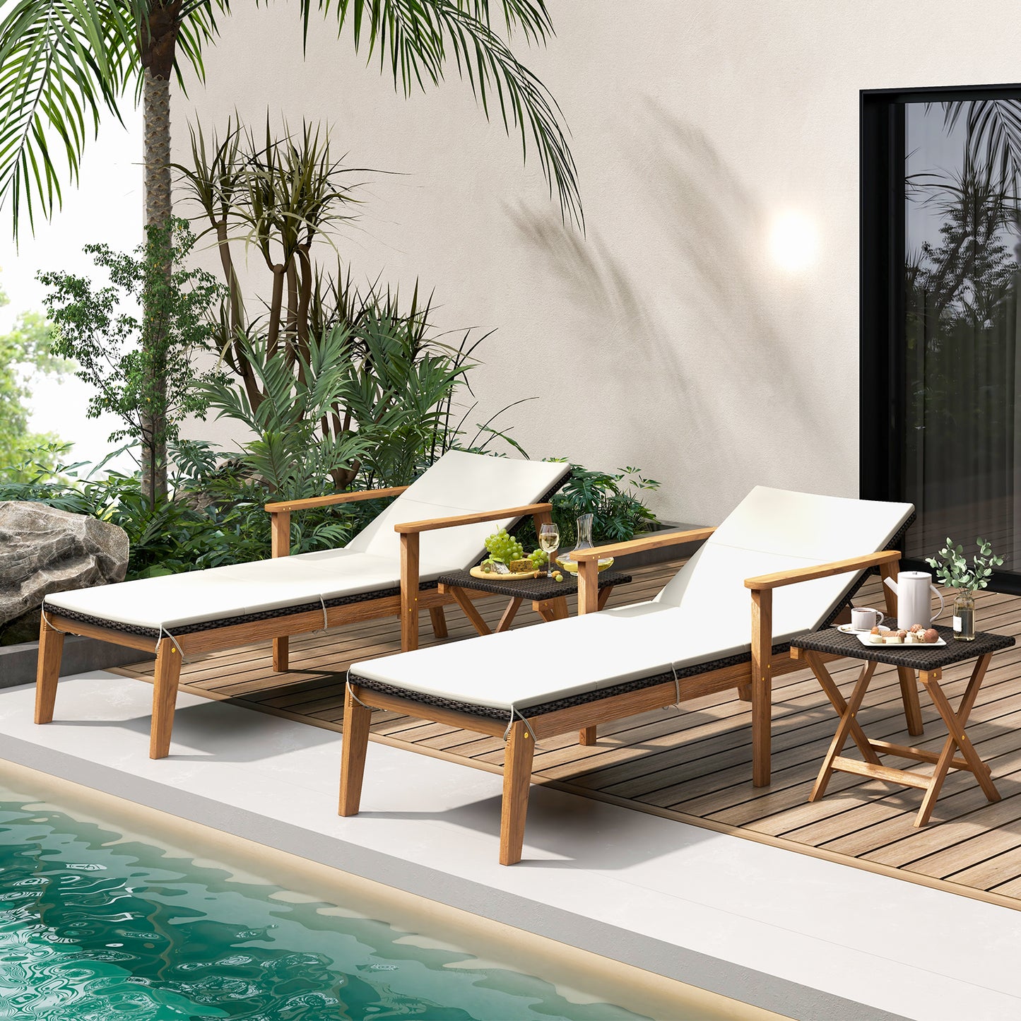 Outdoor Chaise Lounge Set with Adjustable Backrest & Table