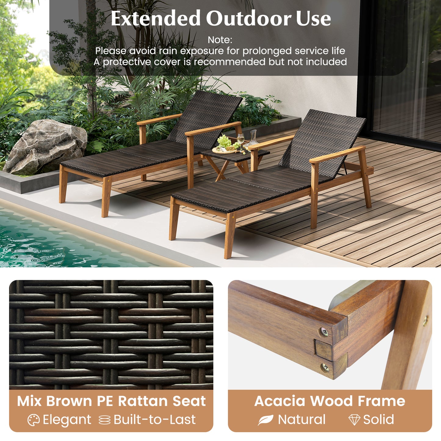 Outdoor Chaise Lounge Set with Adjustable Backrest & Table