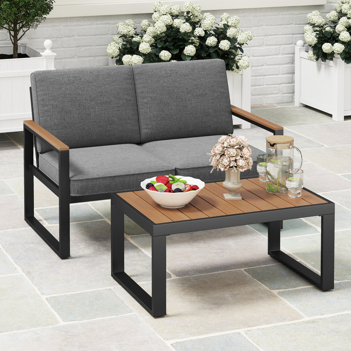2 Piece Patio Aluminum Furniture Set with Wood-Plastic Armrests and Tabletop-Gray