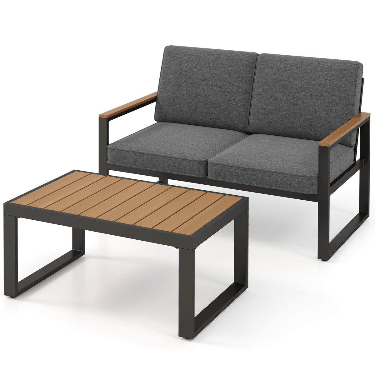 2 Piece Patio Aluminum Furniture Set with Wood-Plastic Armrests and Tabletop-Gray