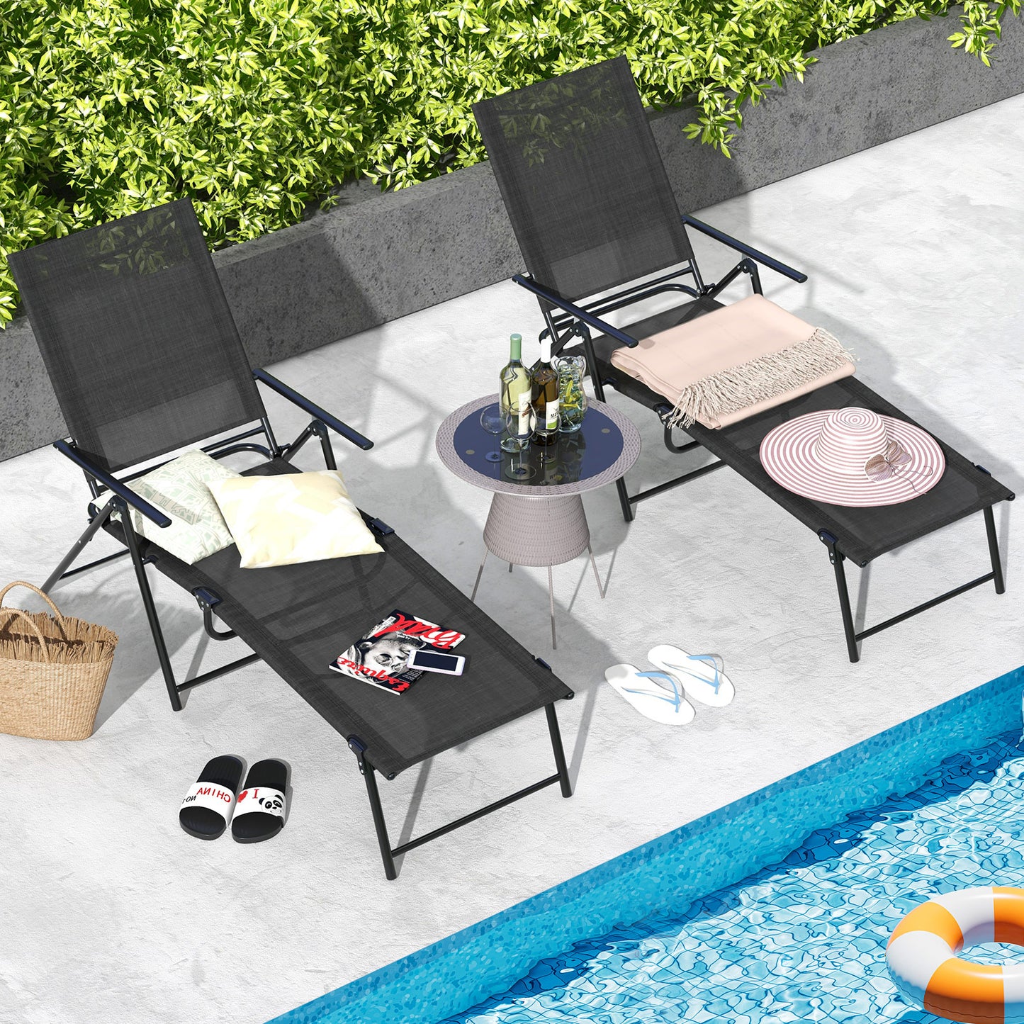 Folding Chaise Lounge Chairs Set of 2 with Adjustable Backrest