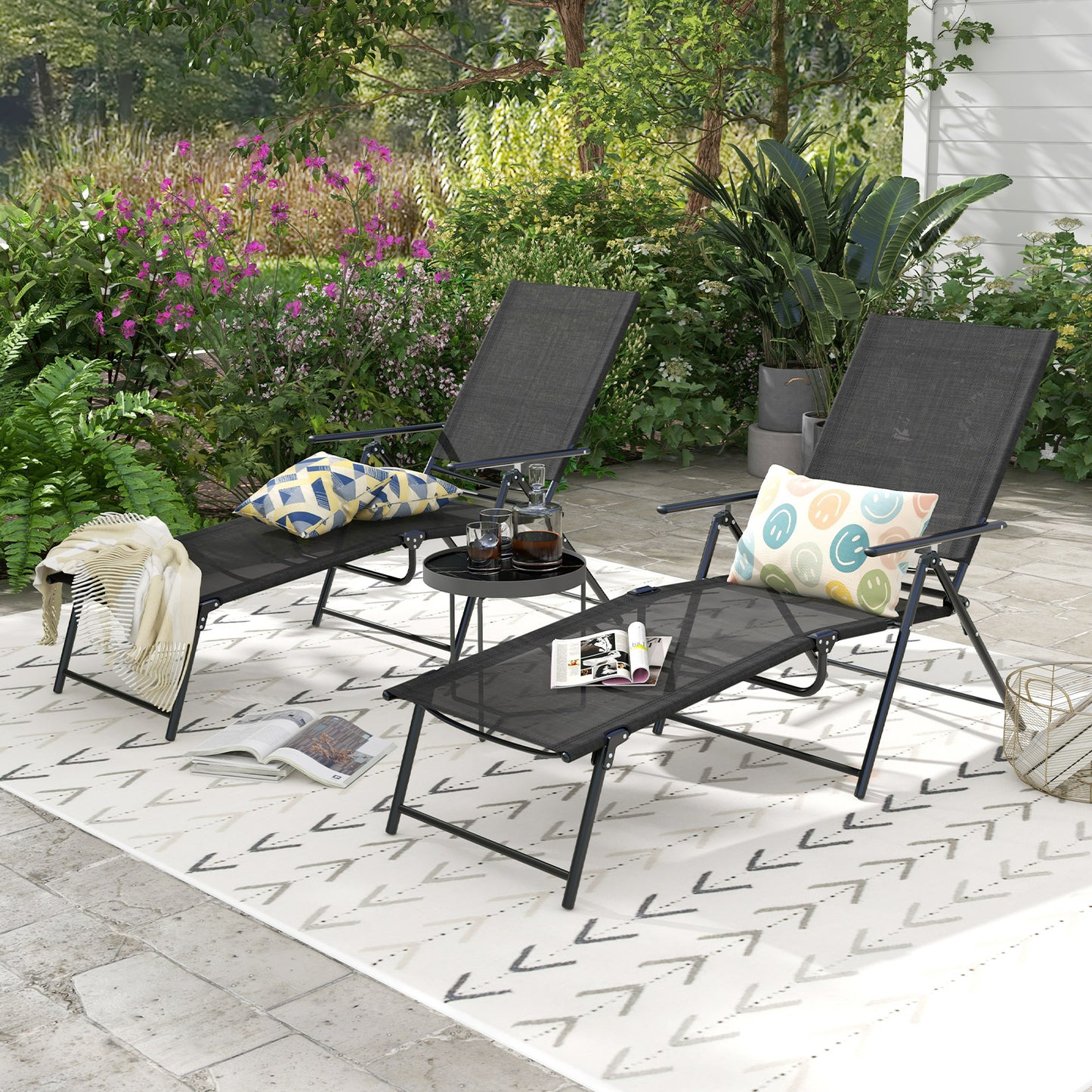 Folding Chaise Lounge Chairs Set of 2 with Adjustable Backrest