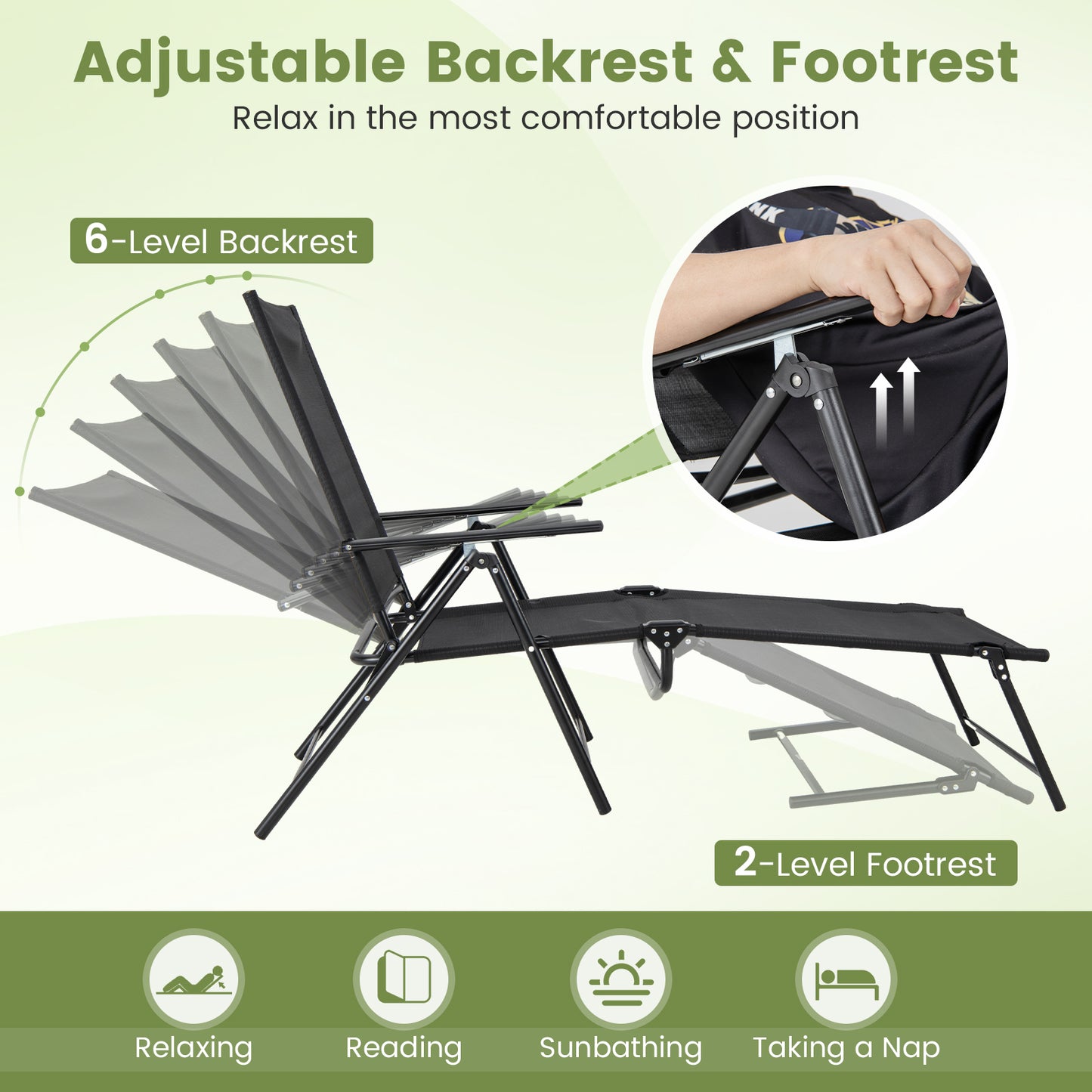 Folding Chaise Lounge Chairs Set of 2 with Adjustable Backrest