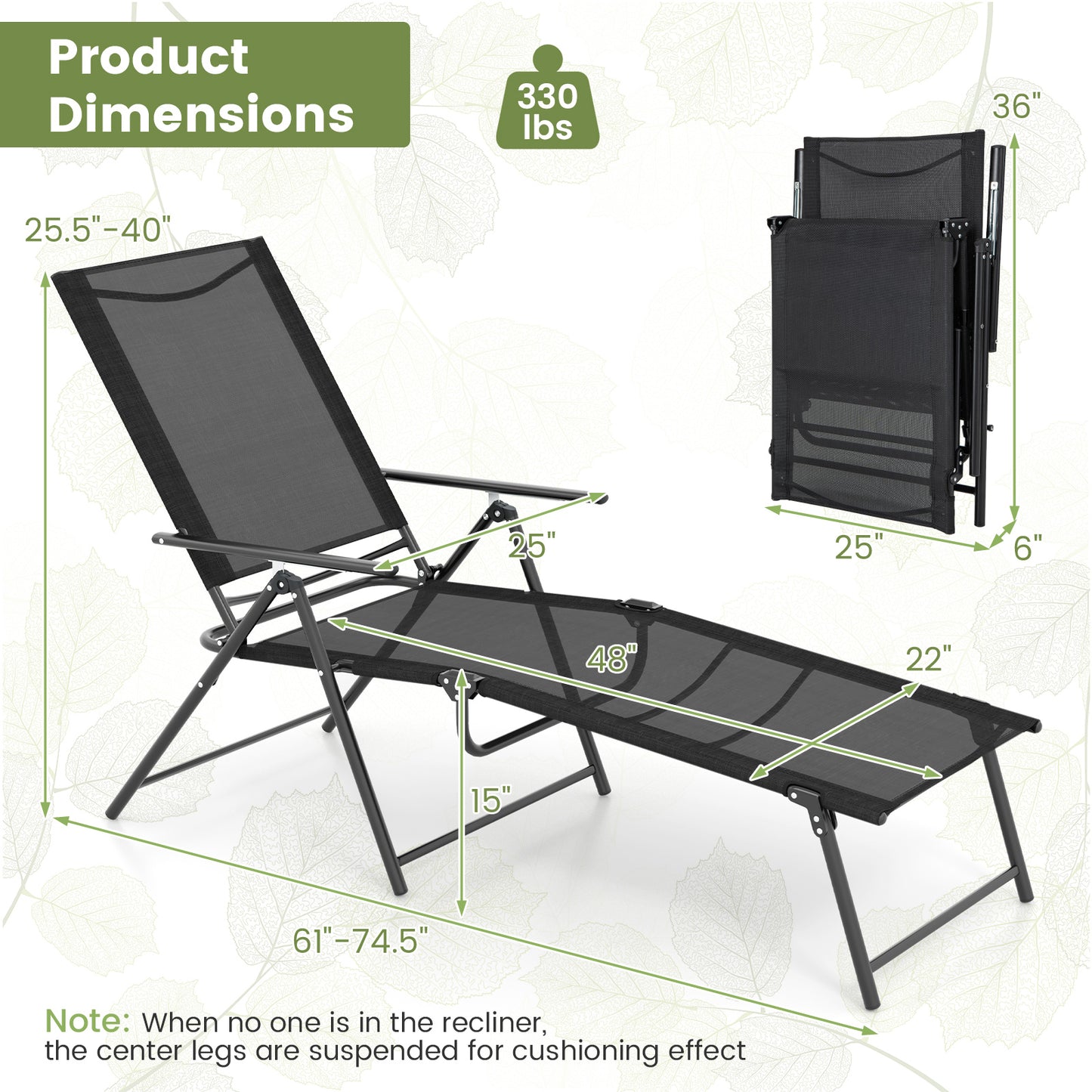 Folding Chaise Lounge Chairs Set of 2 with Adjustable Backrest