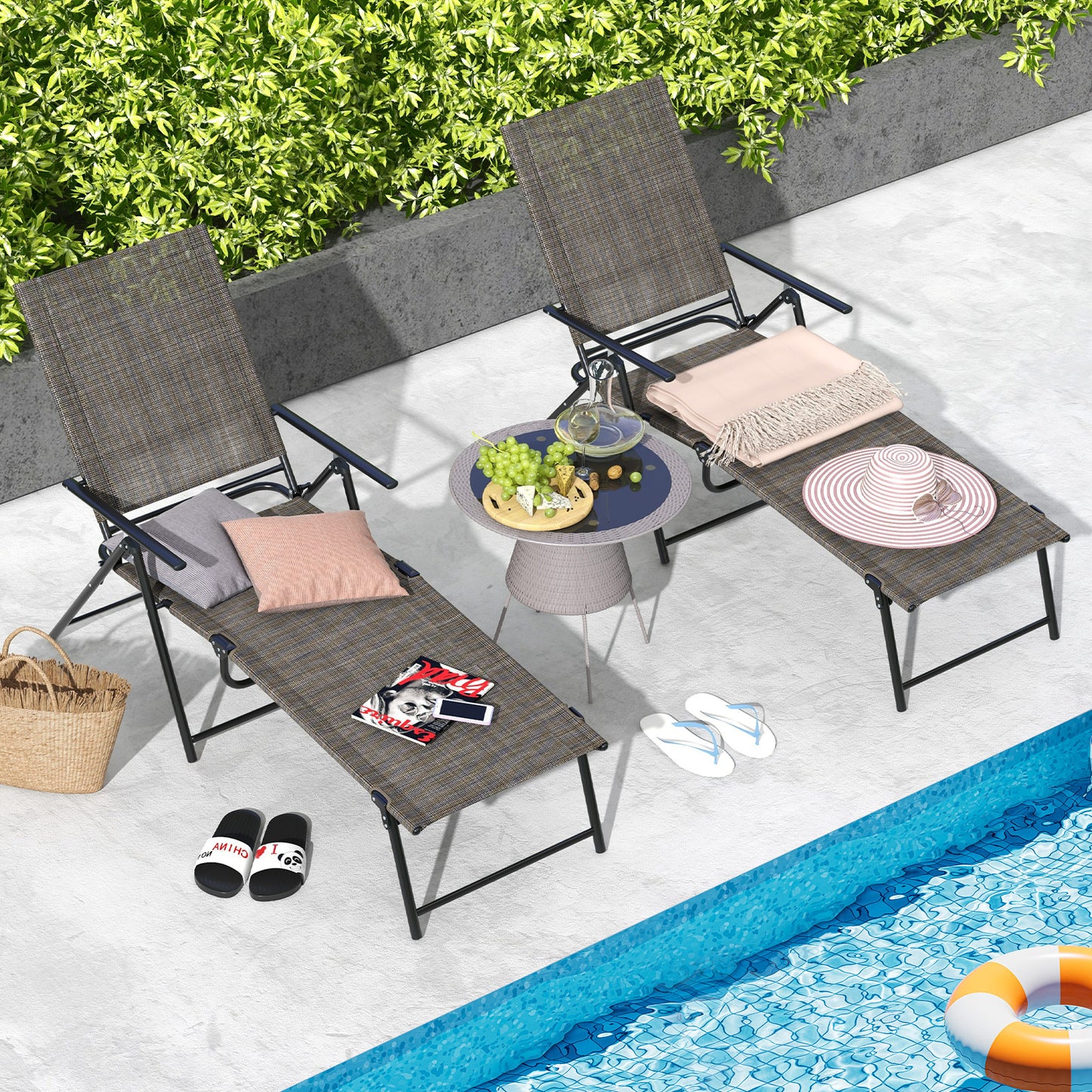 Folding Chaise Lounge Chairs Set of 2 with Adjustable Backrest