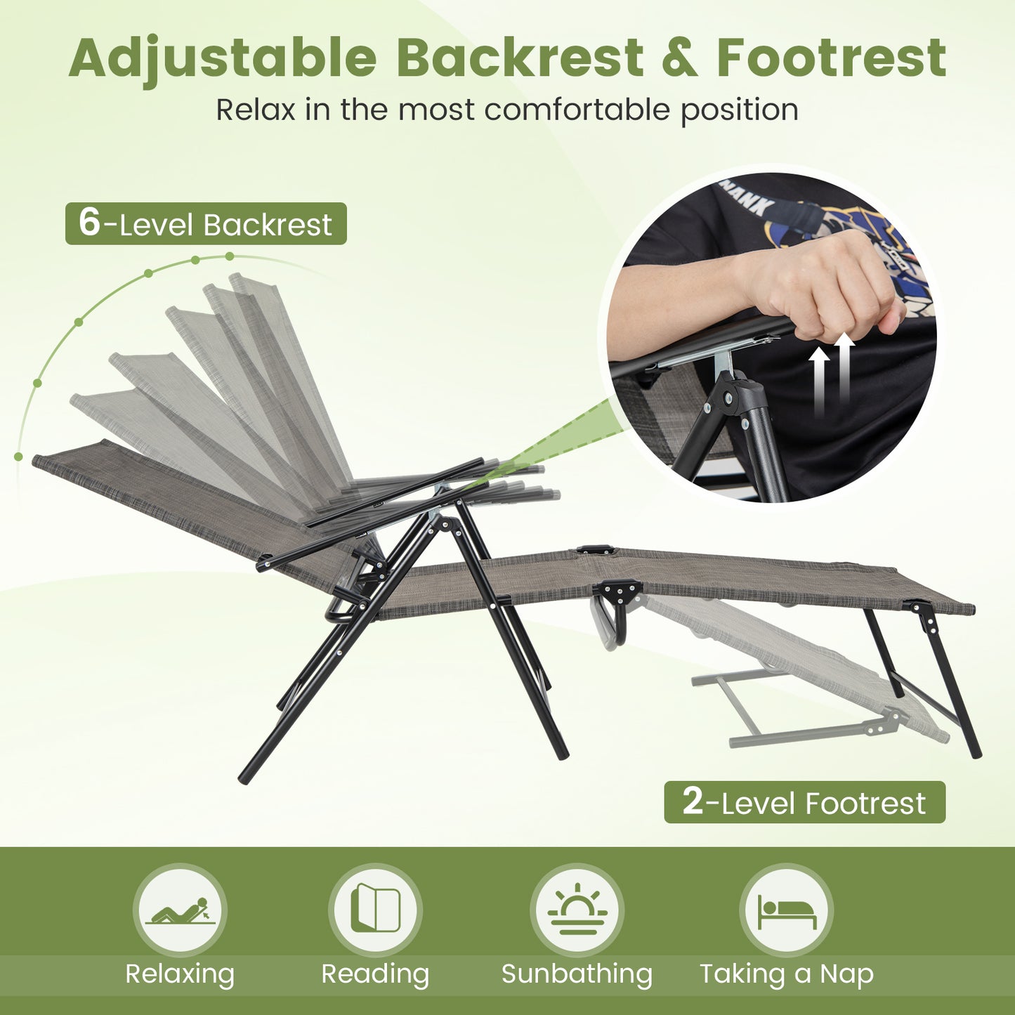 Folding Chaise Lounge Chairs Set of 2 with Adjustable Backrest
