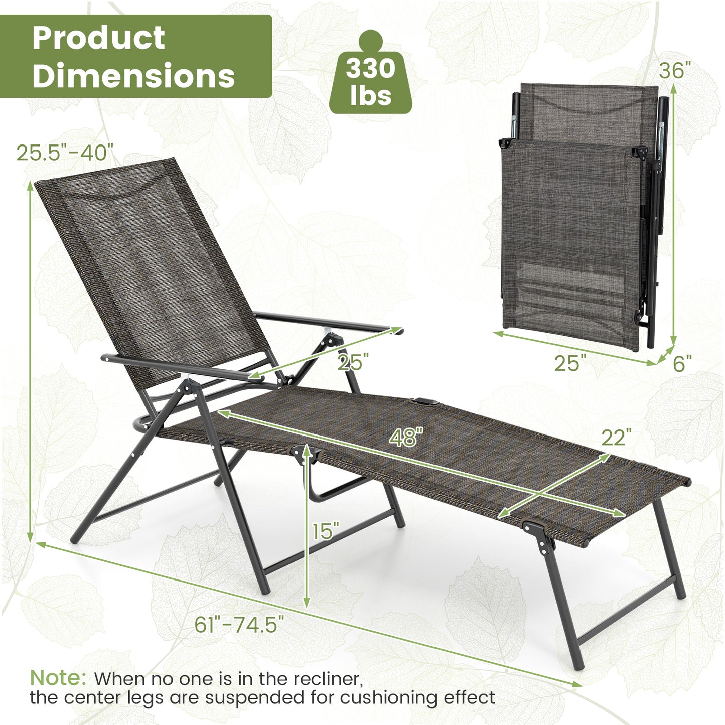 Folding Chaise Lounge Chairs Set of 2 with Adjustable Backrest