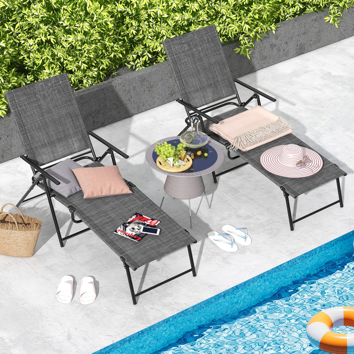Folding Chaise Lounge Chairs Set of 2 with Adjustable Backrest