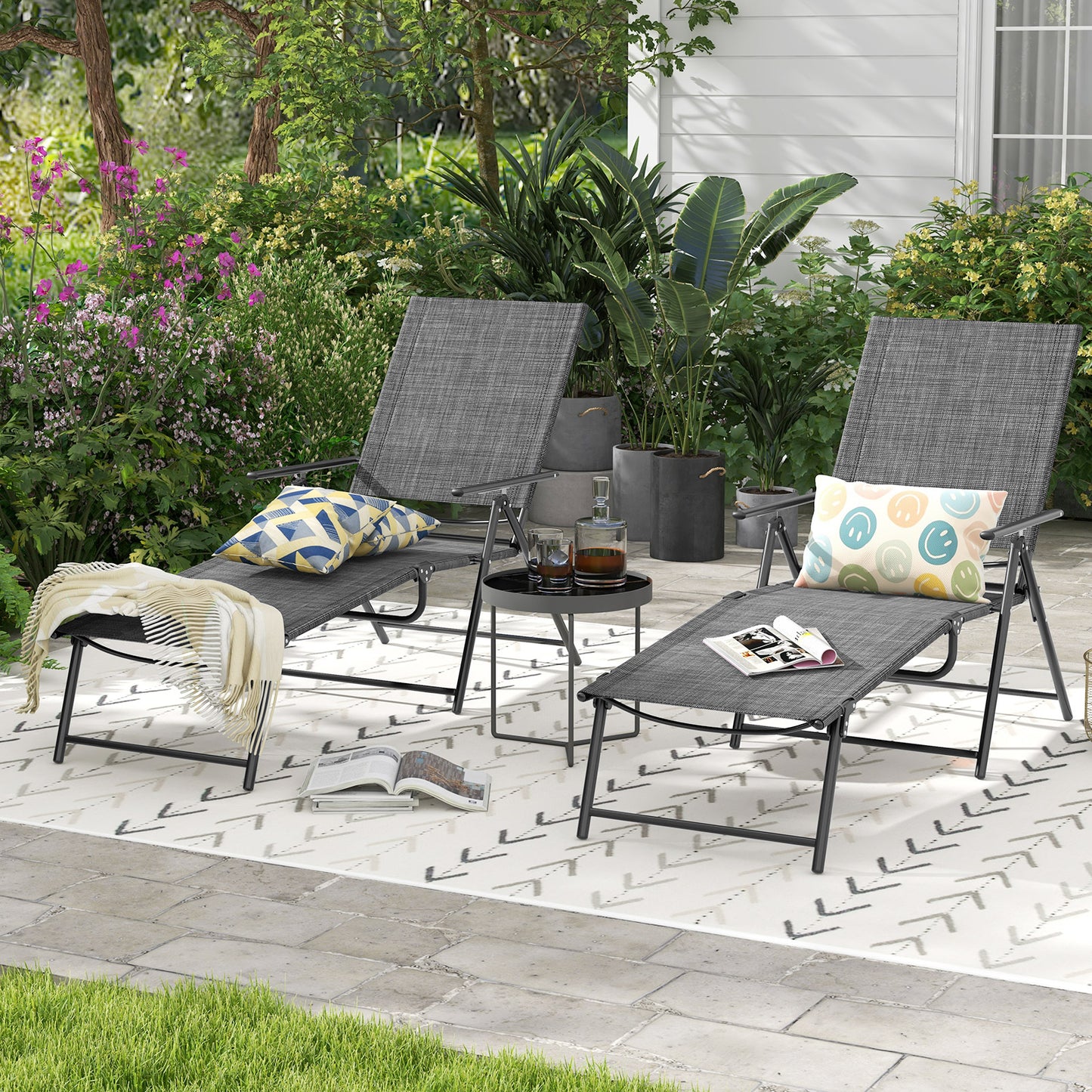 Folding Chaise Lounge Chairs Set of 2 with Adjustable Backrest