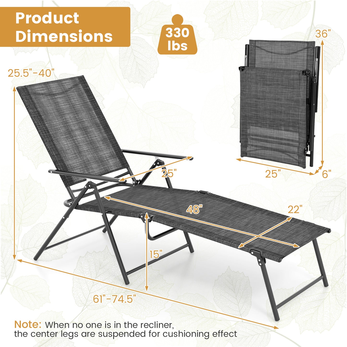Folding Chaise Lounge Chairs Set of 2 with Adjustable Backrest