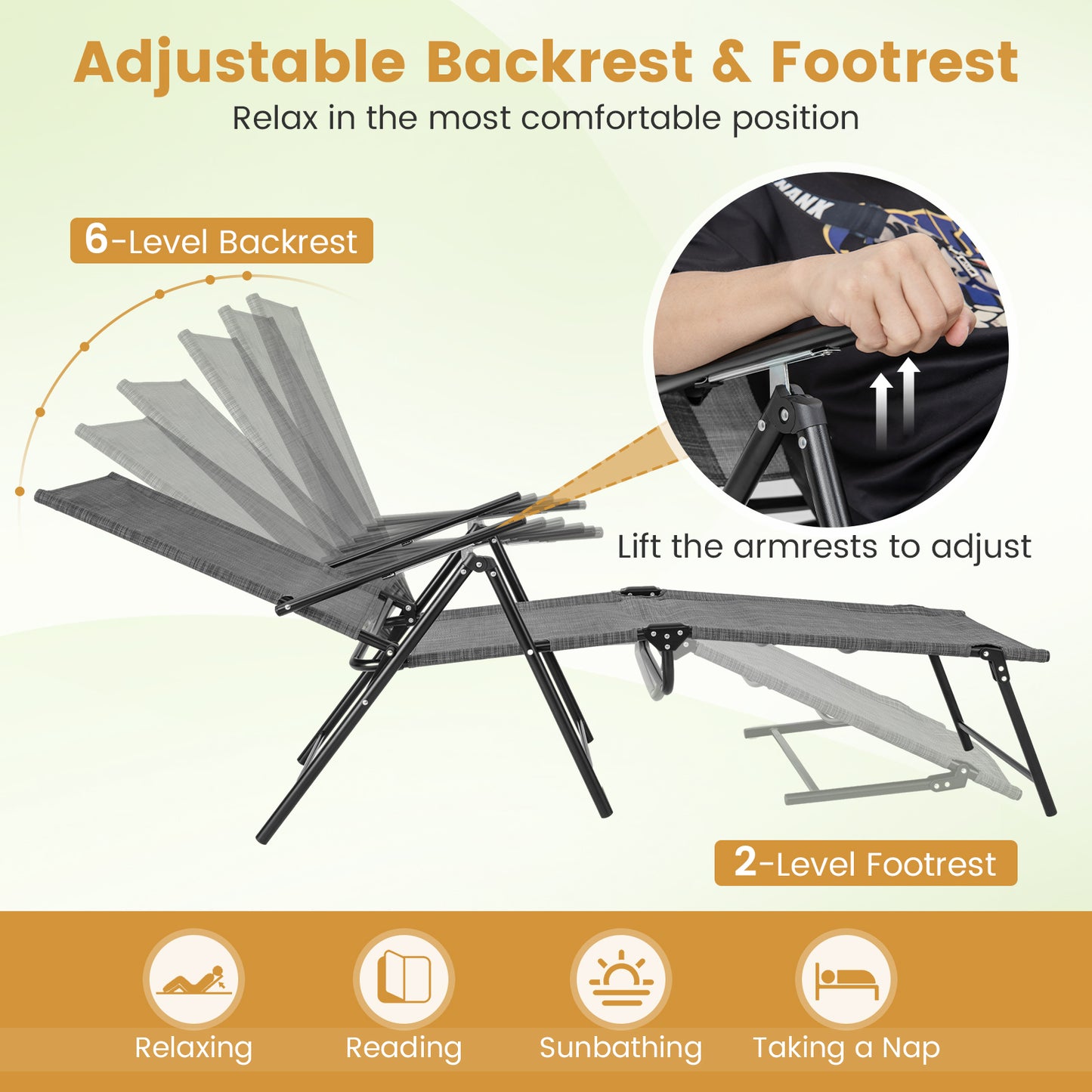 Folding Chaise Lounge Chairs Set of 2 with Adjustable Backrest