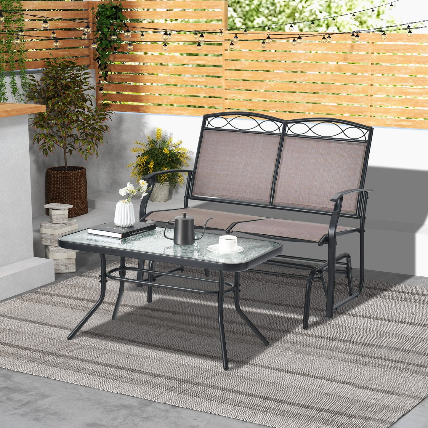 Gliding Loveseat Set with Tempered Glass Coffee Table