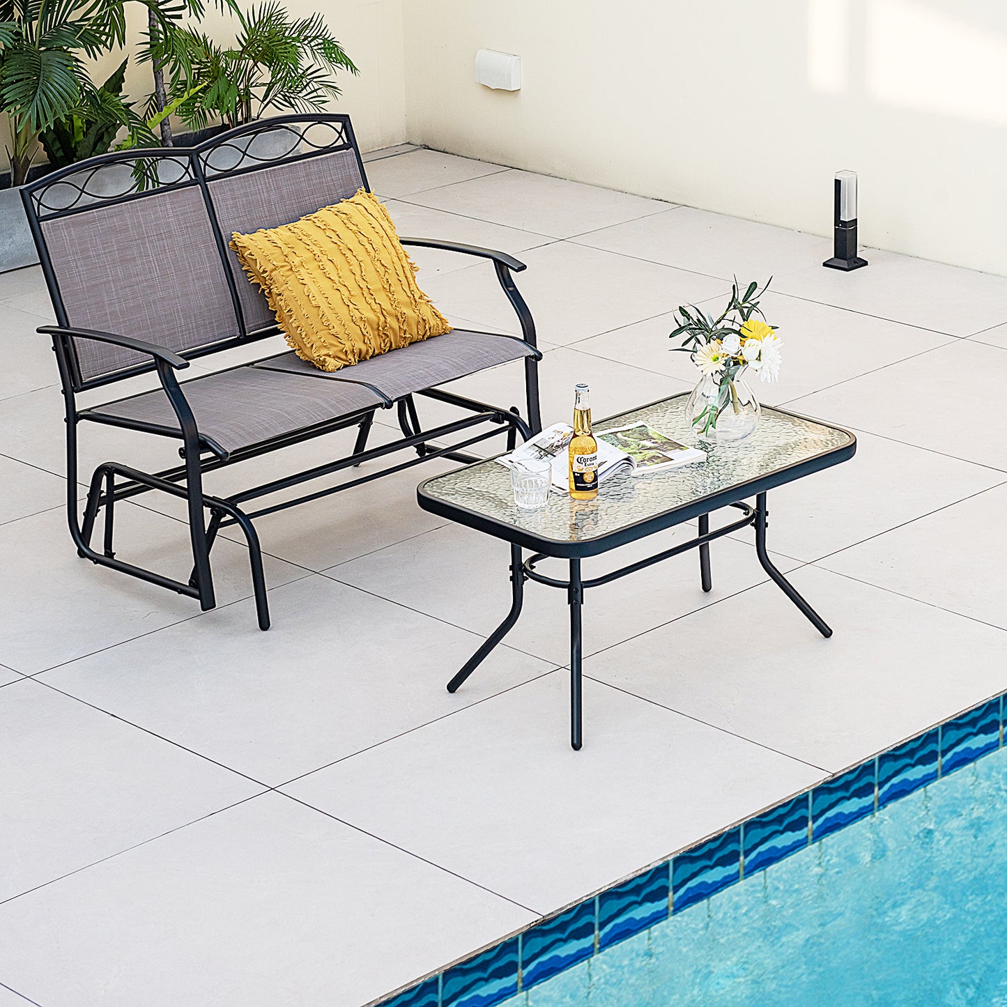 Gliding Loveseat Set with Tempered Glass Coffee Table