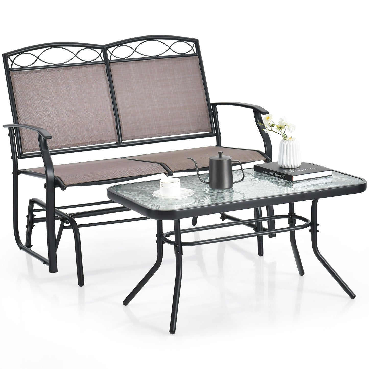 Gliding Loveseat Set with Tempered Glass Coffee Table