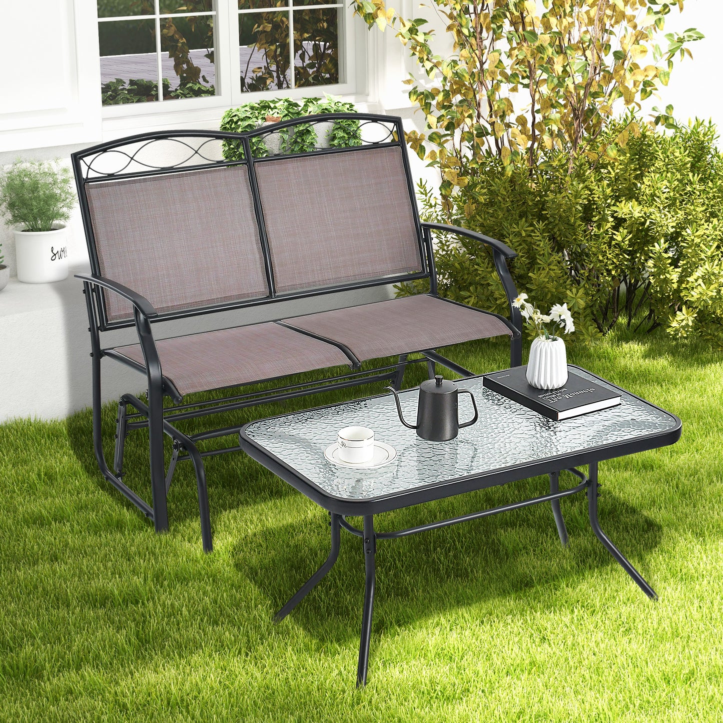 Gliding Loveseat Set with Tempered Glass Coffee Table