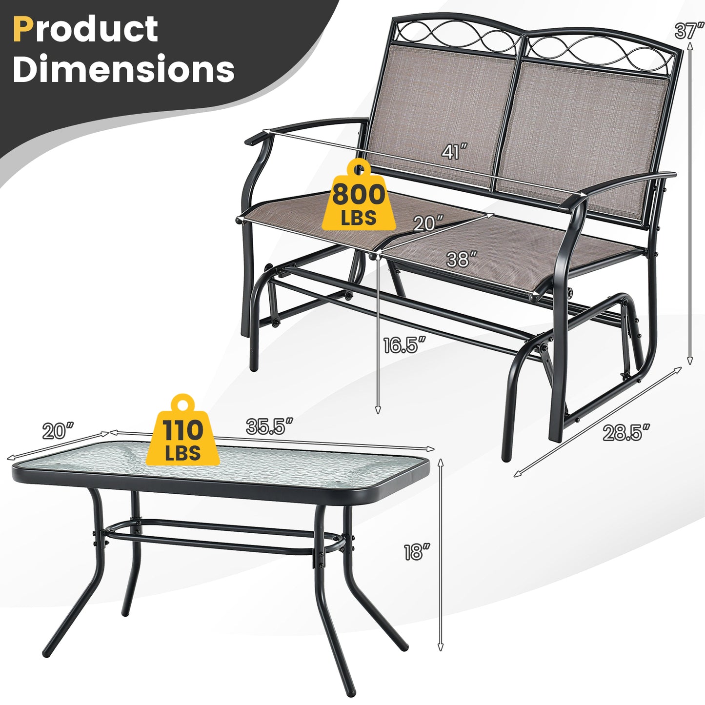 Gliding Loveseat Set with Tempered Glass Coffee Table